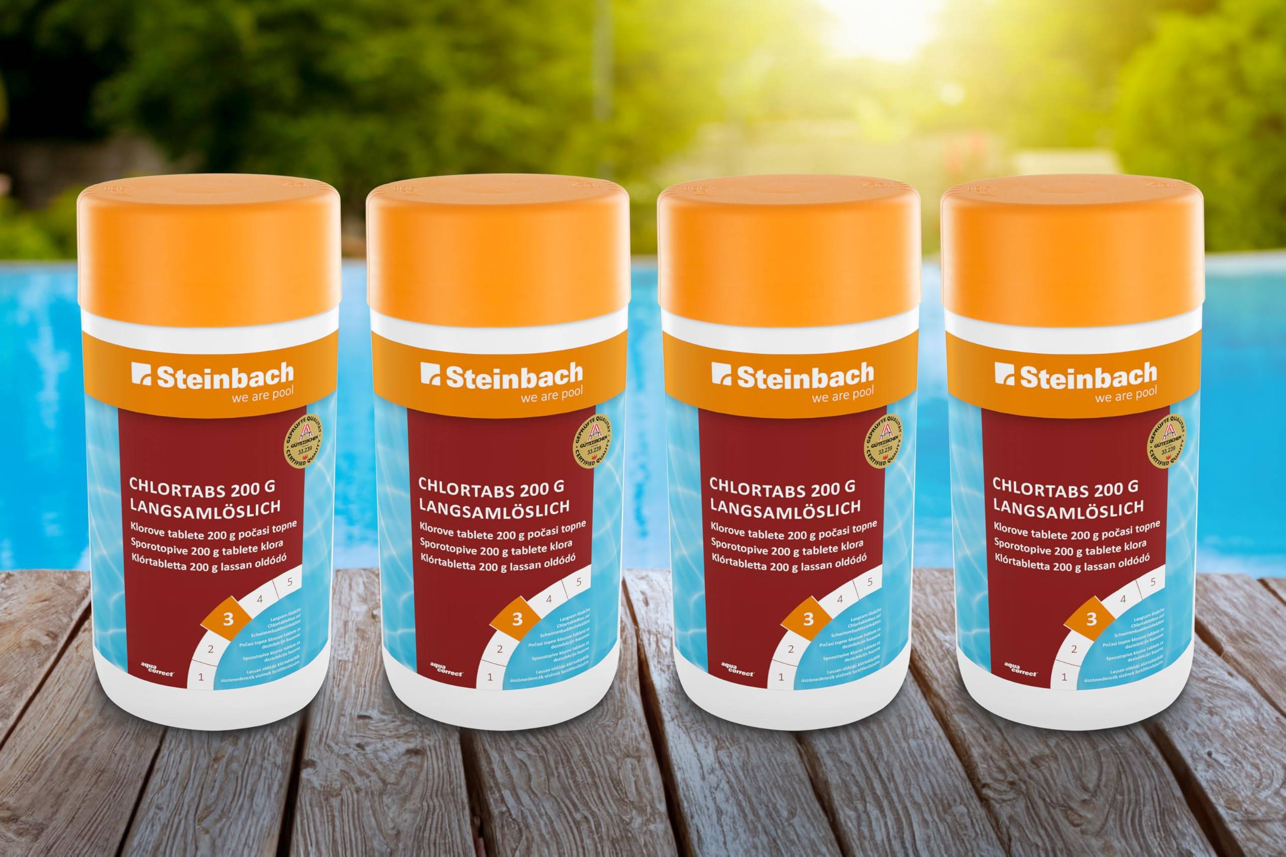 Steinbach Poolpflege Chlortabs 200 g langsamlöslich – 0752201TS04 – 4x1 kg – pH-neutral & kalkfrei/Desinfektion bei Allen Wasserhärten/Rück