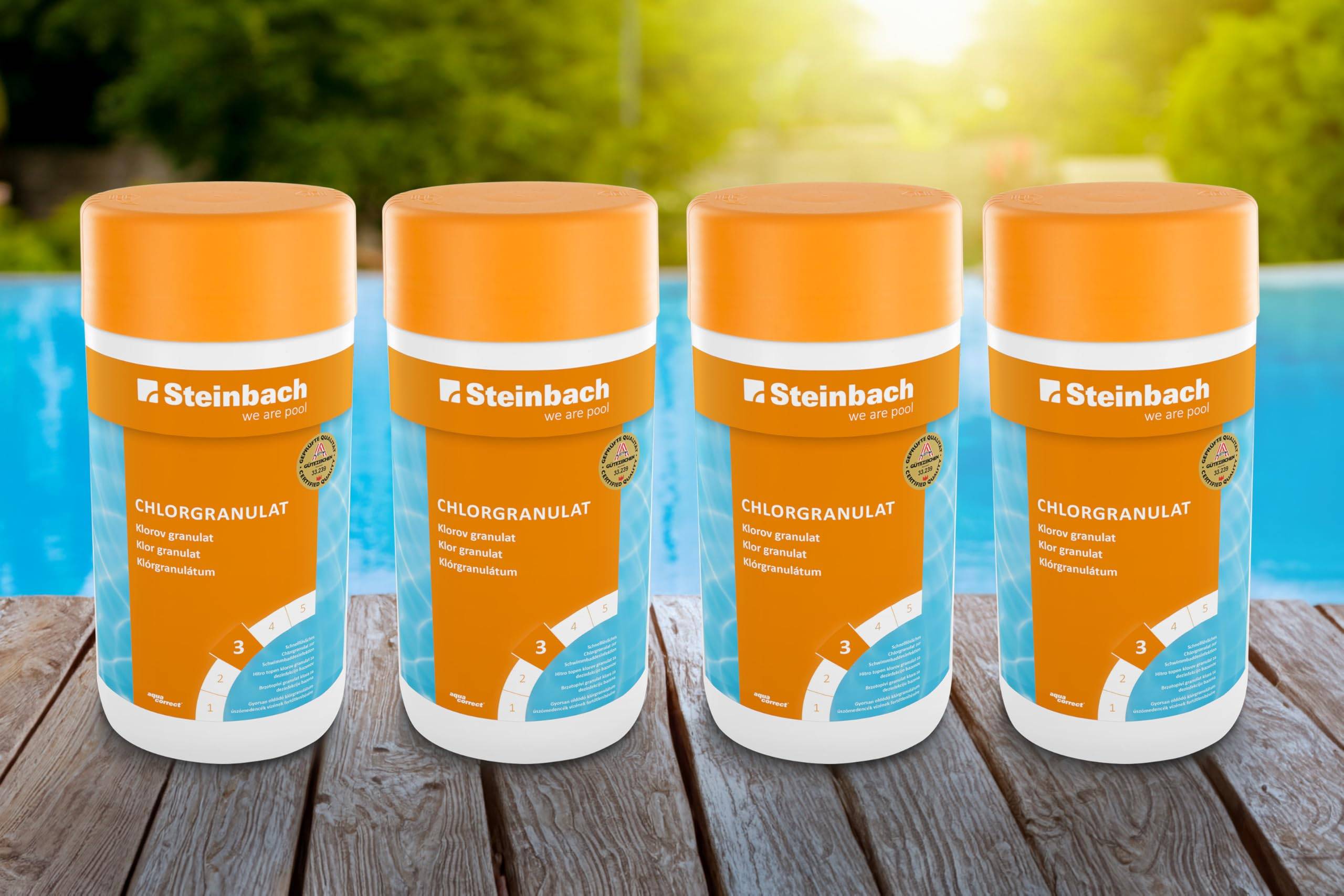 Steinbach Poolpflege Chlorgranulat – 0751201TS04 – 4x1 kg – Schnelllöslich/Effektiv/Neutralisierend – auch für Erstdosierung und Schockbehan