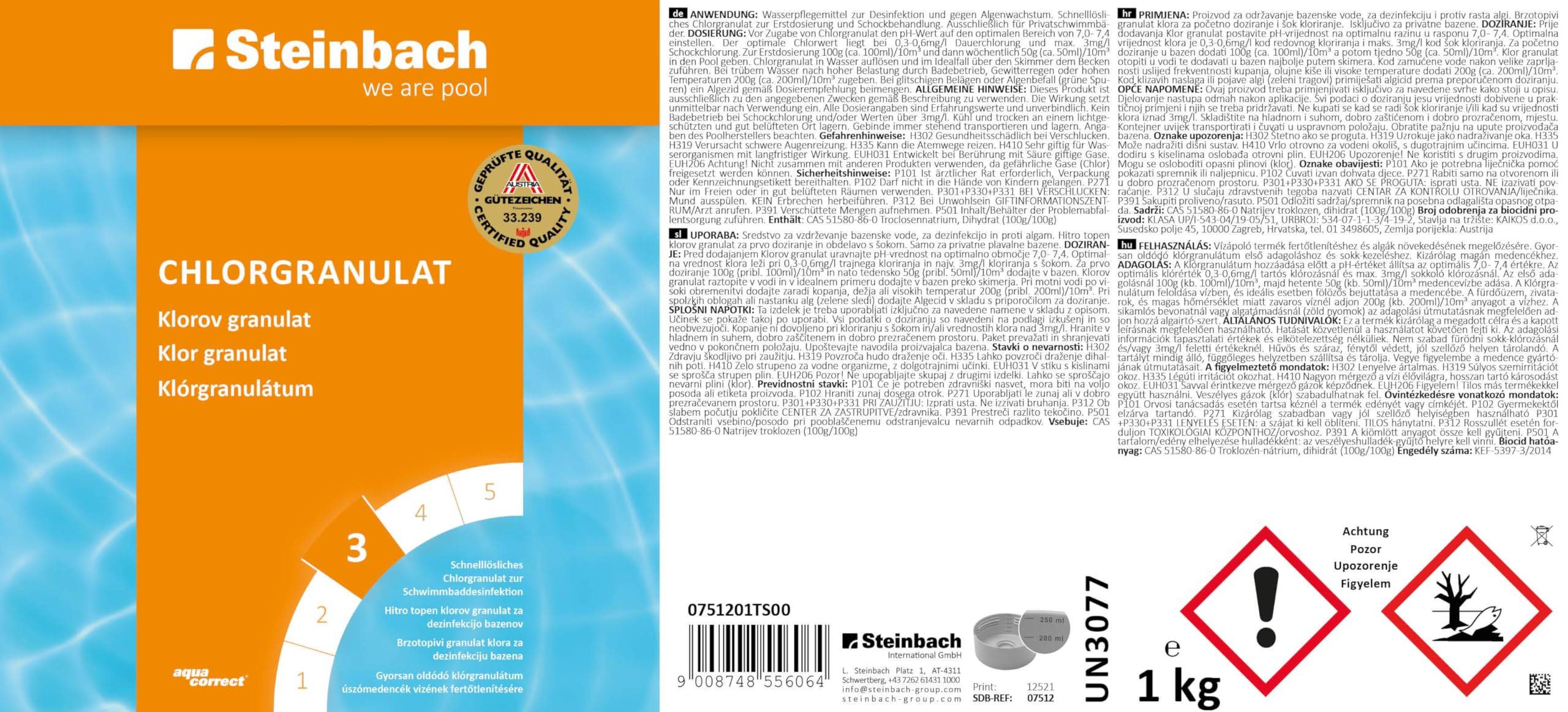 Steinbach Poolpflege Chlorgranulat – 0751201TS04 – 4x1 kg – Schnelllöslich/Effektiv/Neutralisierend – auch für Erstdosierung und Schockbehan