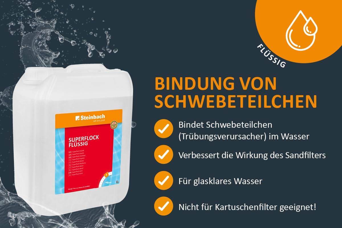 Steinbach | Superflock Flüssig | effizientes Flockungsmittel | klares Wasser | einfach anzuwenden | ideal für Pools | Volumen: 5 Liter