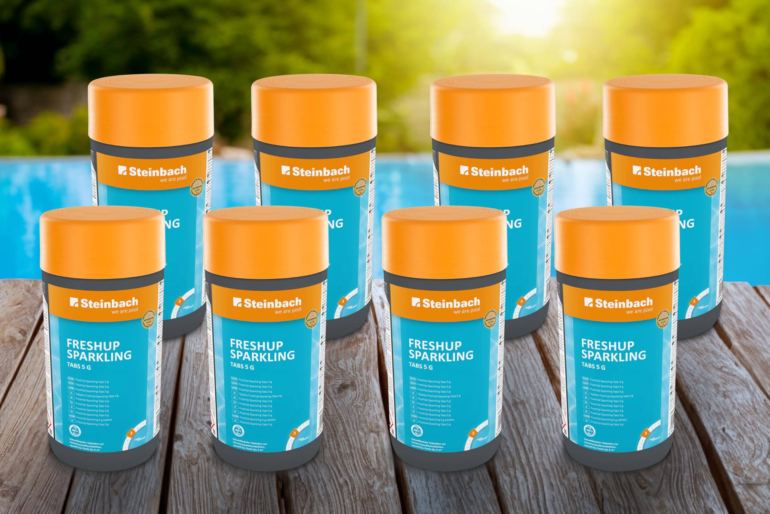 Steinbach Poolpflege FreshUp Sparkling Tabs 5g - 0757001TV08-8X 1 kg - Schnelllösliche Chlortabletten für Pools bis 5m³ - Gegen Algen, Pilze & Trü