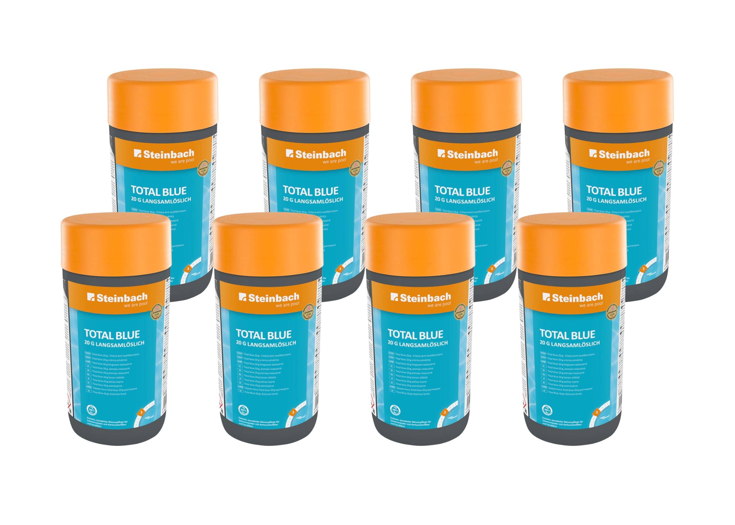 Steinbach Poolpflege Total Blue - 0752301TV08-8X 1kg - 20g Multifunktionstabletten - Langsamlöslich & pH-neutral - Gegen Pilze, Viren & organische