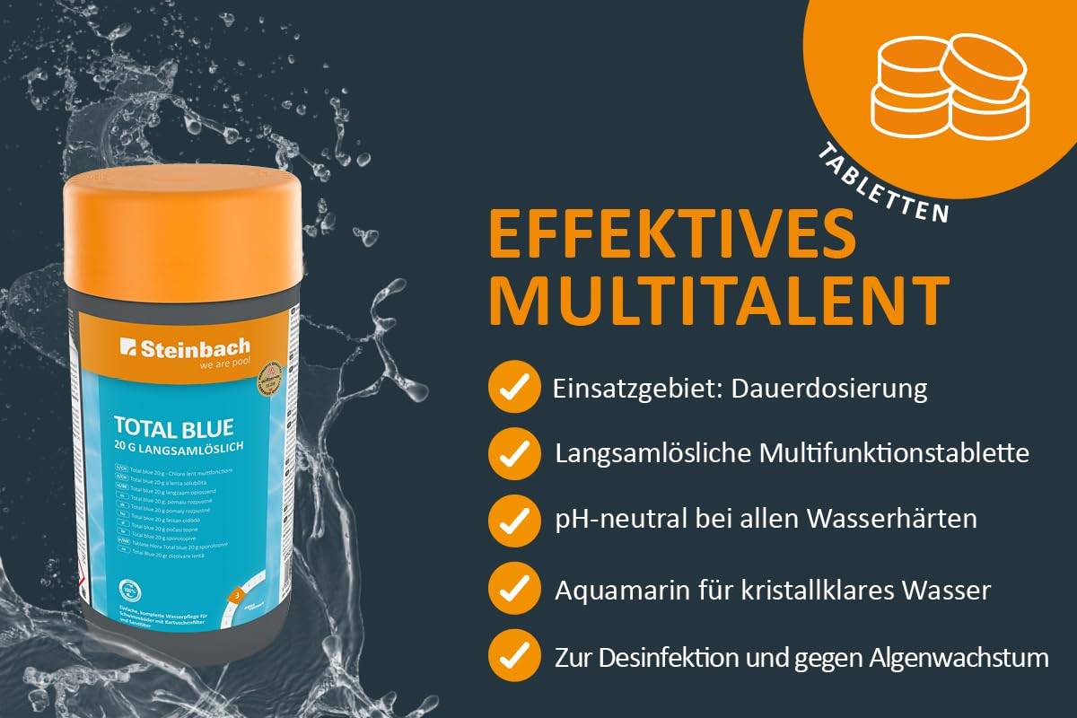 Steinbach Poolpflege Total Blue - 0752301TV08-8X 1kg - 20g Multifunktionstabletten - Langsamlöslich & pH-neutral - Gegen Pilze, Viren & organische