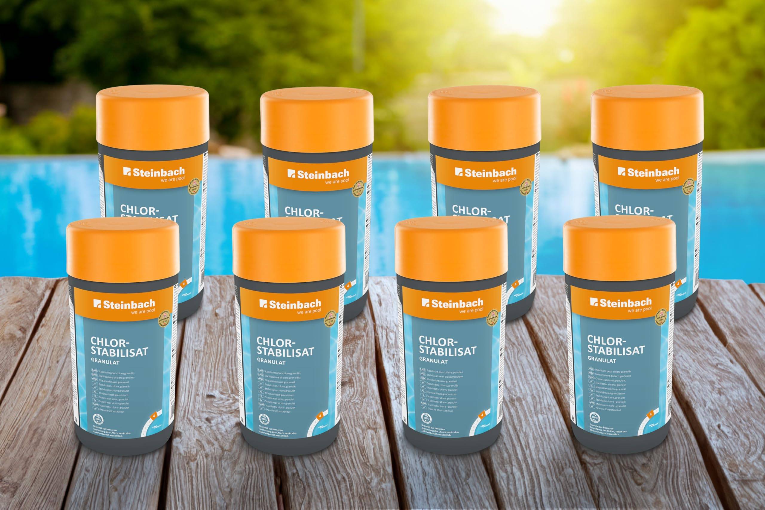 Steinbach Poolpflege Chlorstabilisator - 0755601TV08-8X 1 kg - Verhindert Chlorabbau durch UV-Strahlung & Hitze - Für geringeren Chlorverbrauch