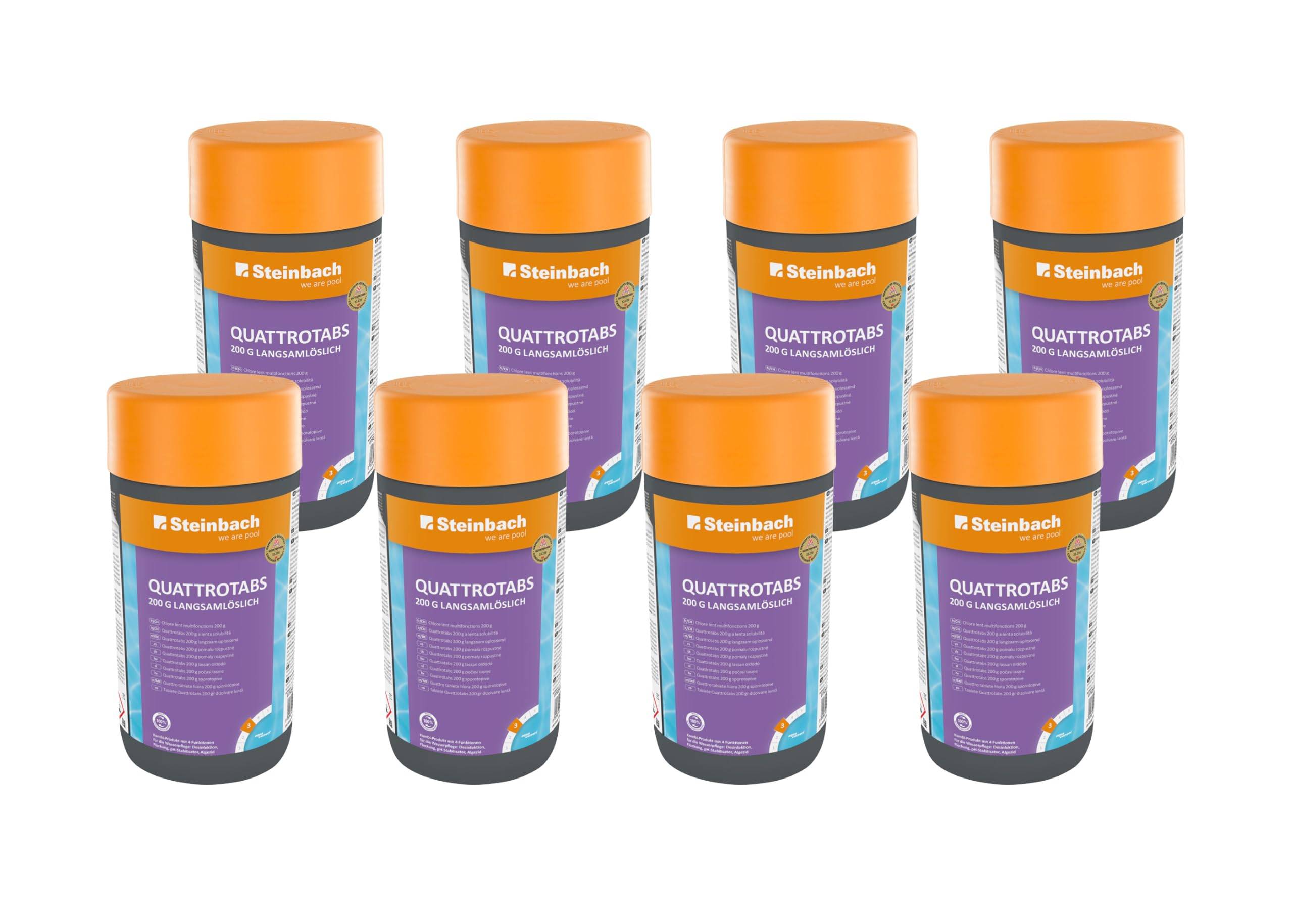 Steinbach Poolpflege Quattrotabs 200g langsamlöslich - 0752601TV08-8X 1 kg - 4-in-1 Chlortabletten mit Flockungsmittel - pH-Stabilisator & Algenverh