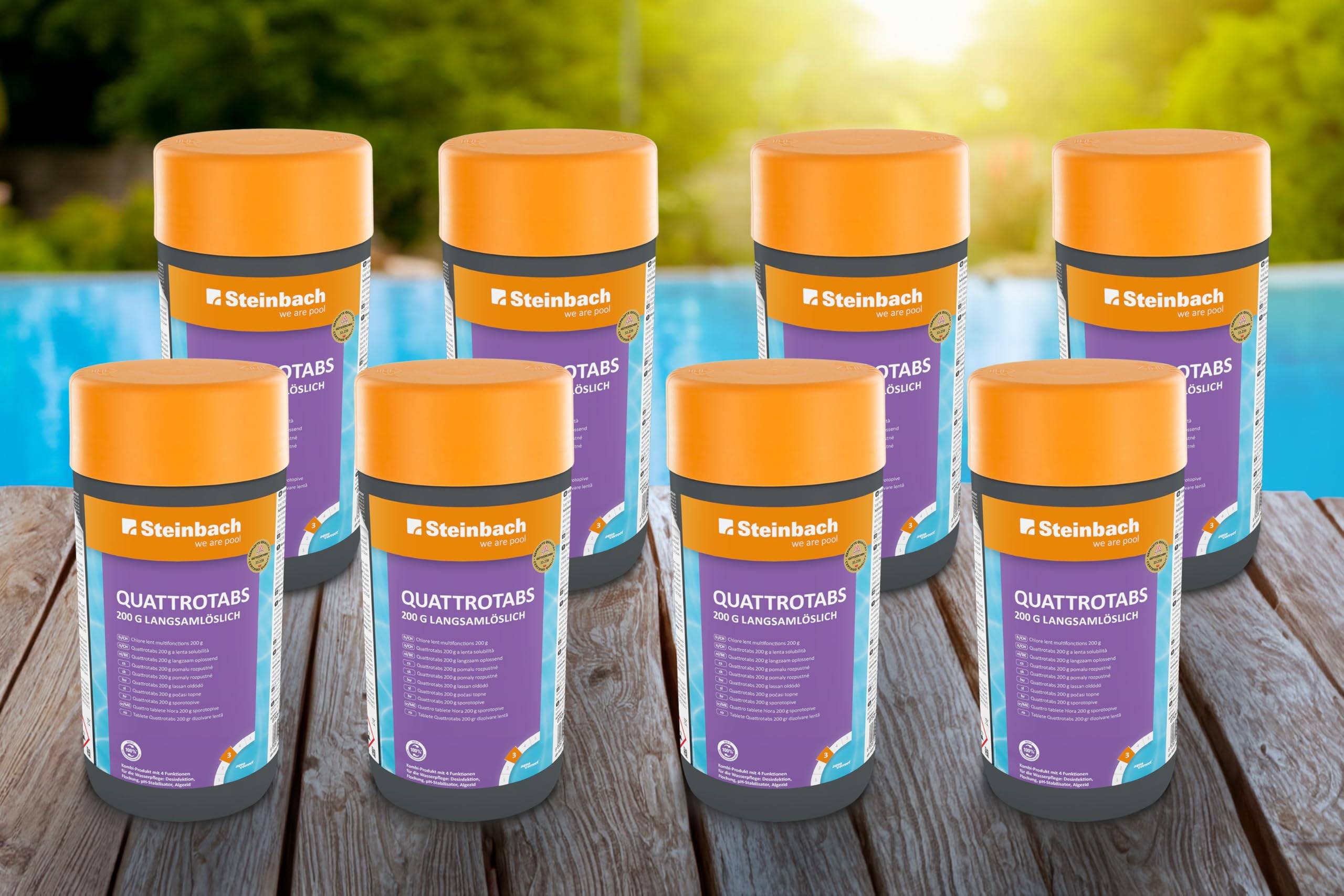 Steinbach Poolpflege Quattrotabs 200g langsamlöslich - 0752601TV08-8X 1 kg - 4-in-1 Chlortabletten mit Flockungsmittel - pH-Stabilisator & Algenverh