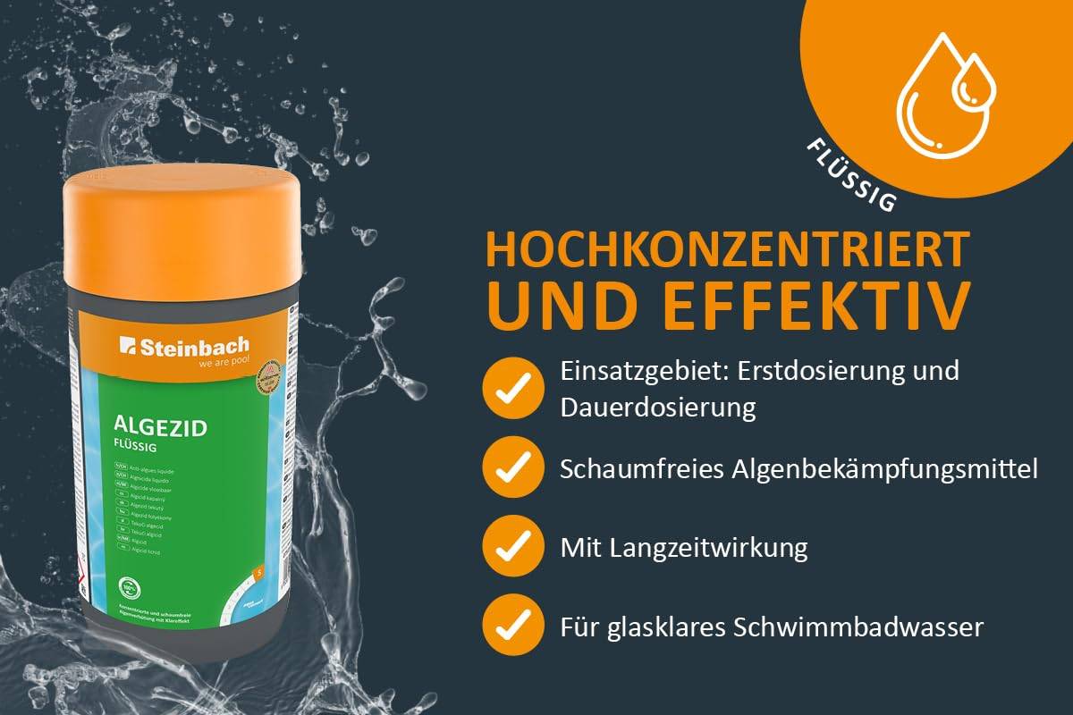 Steinbach Poolpflege Algezid flüssig - 0753501TV08-8X 1l - Schaumfrei & hochkonzentriert - Verhindert Algenwachstum & entfernt Trübstoffe - Für kla