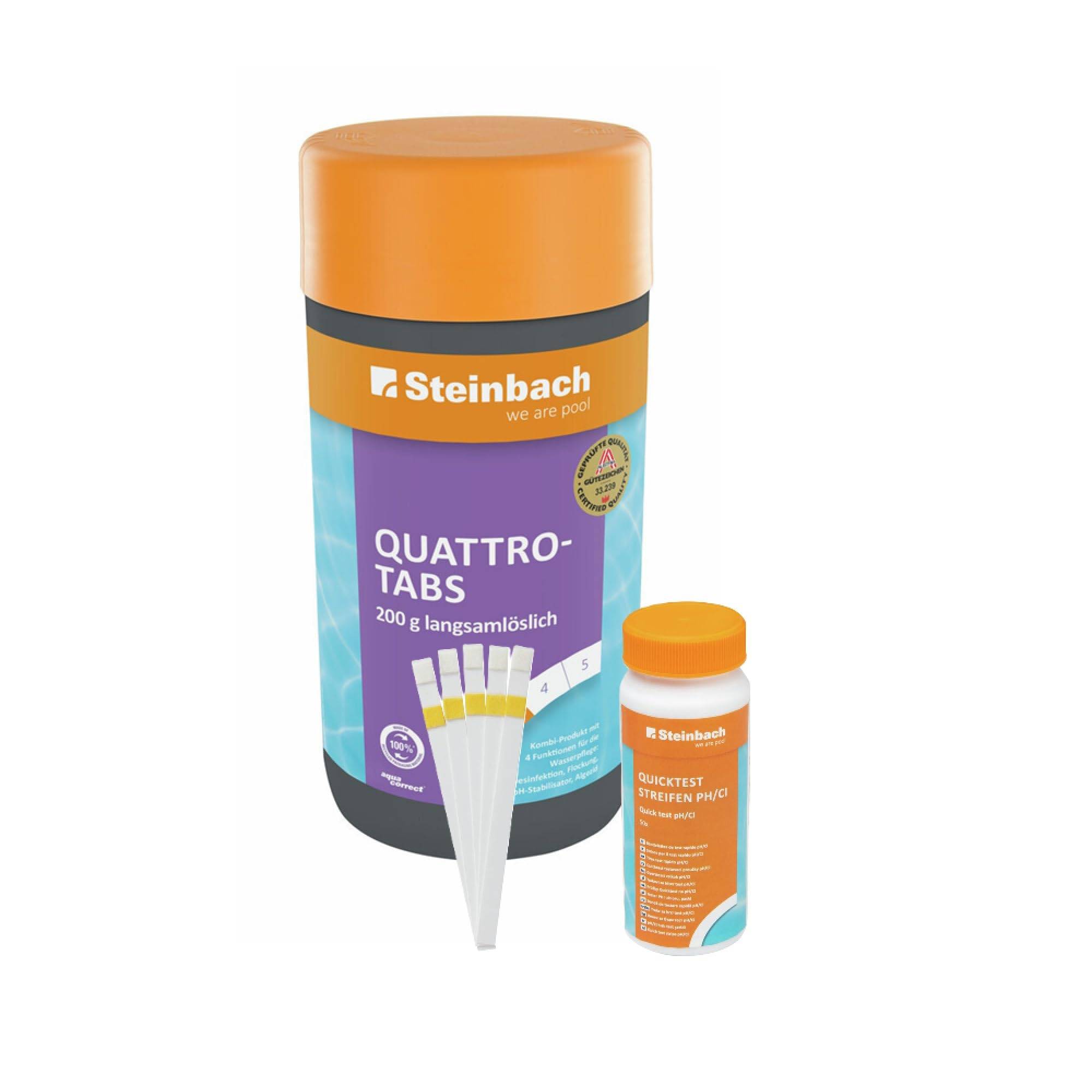 Steinbach Poolpflege Test-Set | Quicktest Streifen für pH-Wert & freies Chlor + Quattrotabs 200g | Wasseranalyse & Desinfektion in einem Set