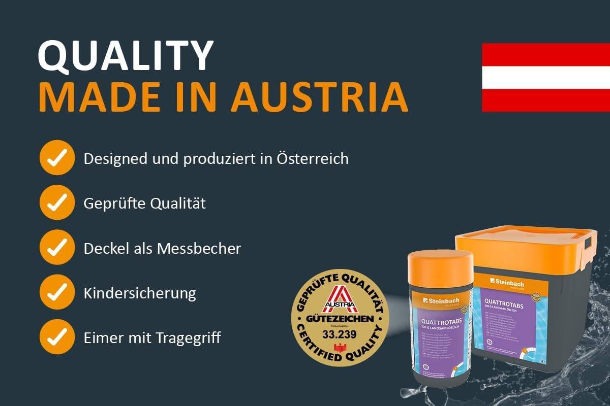 Steinbach Poolpflege Quattrotabs 200g langsamlöslich - XXL Vorratspackung - 15 kg - 4-in-1 Chlortabletten mit Flockungsmittel - pH-Stabilisator