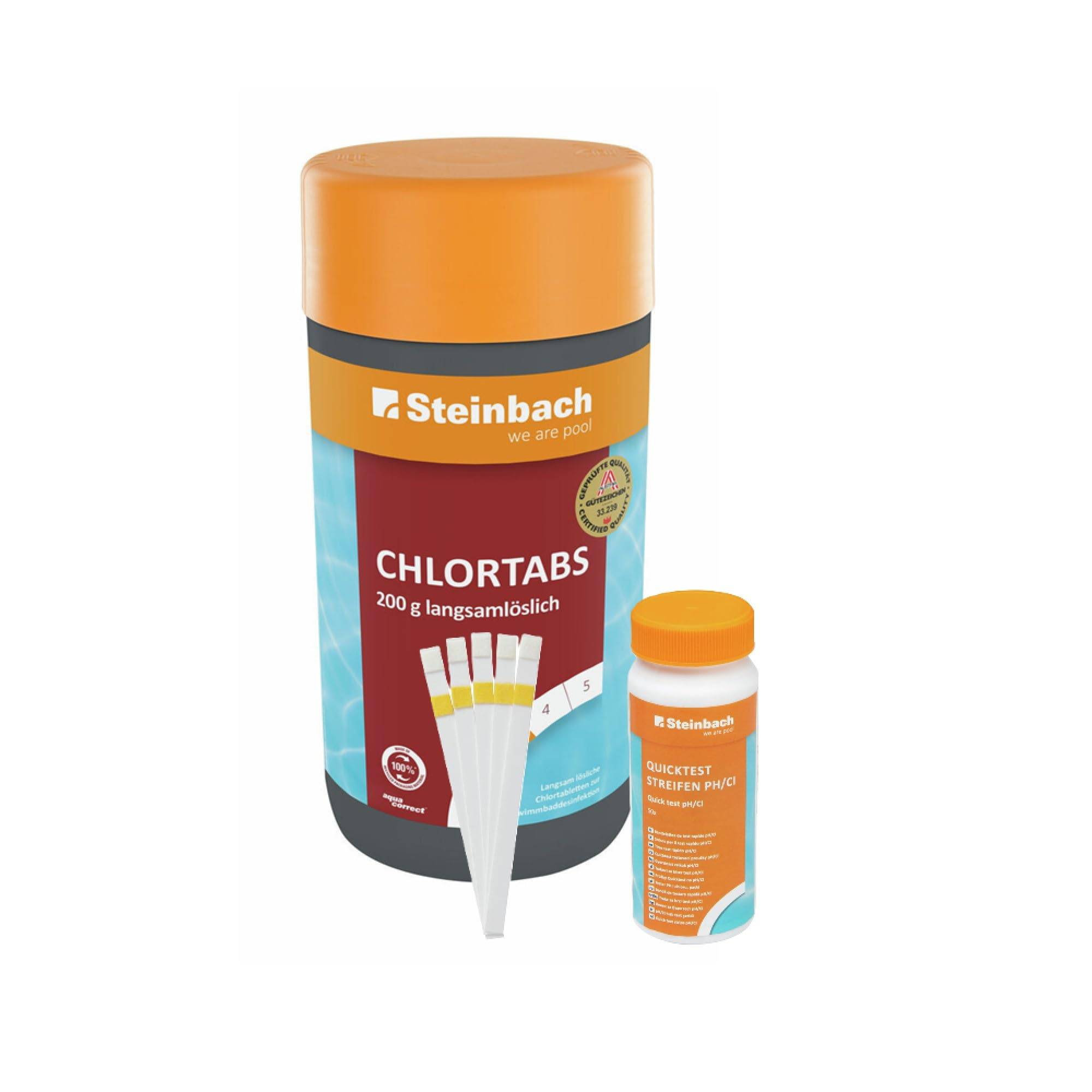 Steinbach Poolpflege Test-Set | Quicktest Streifen für pH-Wert & freies Chlor + Chlortabs 200g | Wasseranalyse & Desinfektion in einem Set