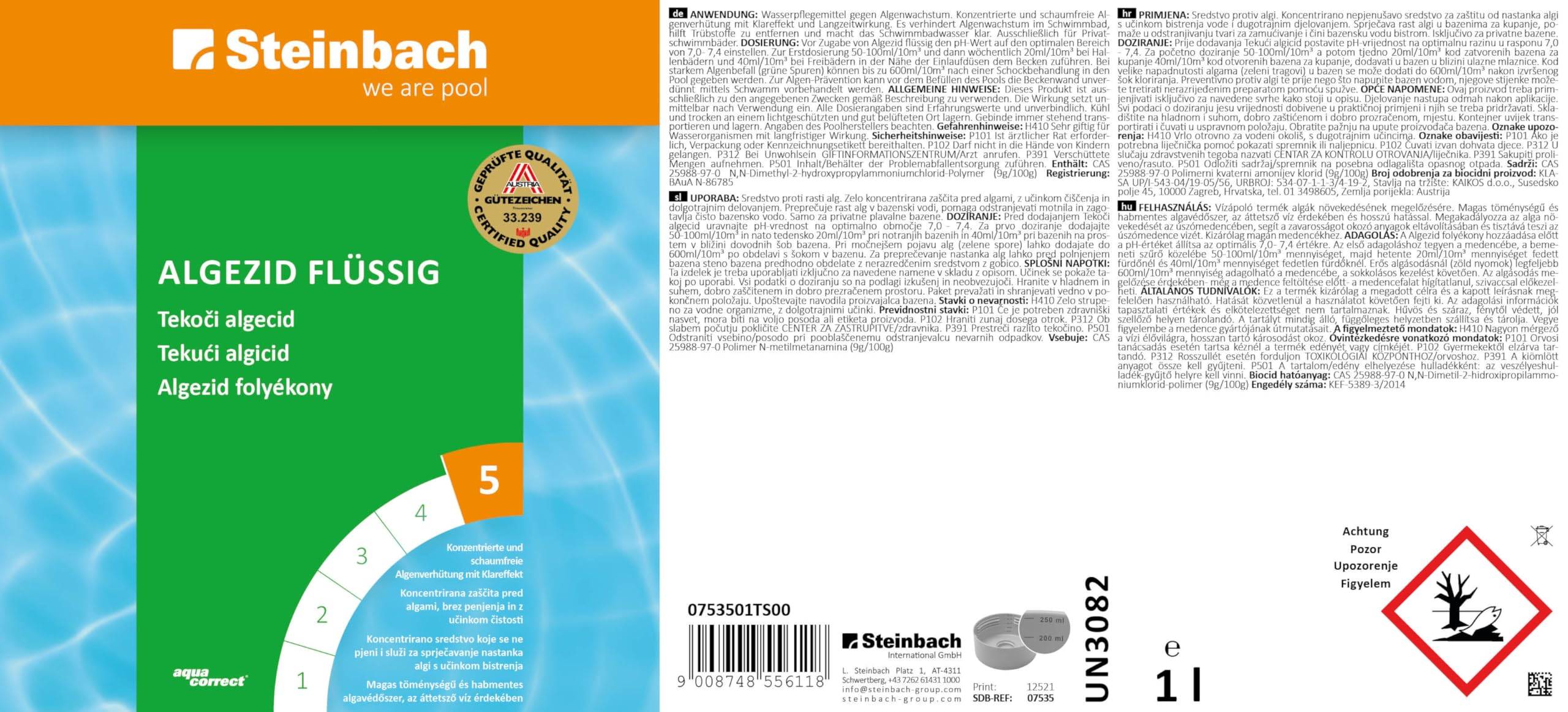 Steinbach Poolpflege Algezid flüssig – 0753501TS04 – 4x1 L – Schaumfrei & hochkonzentriert/Verhindert Algenwachstum & entfernt Trübstoffe/F