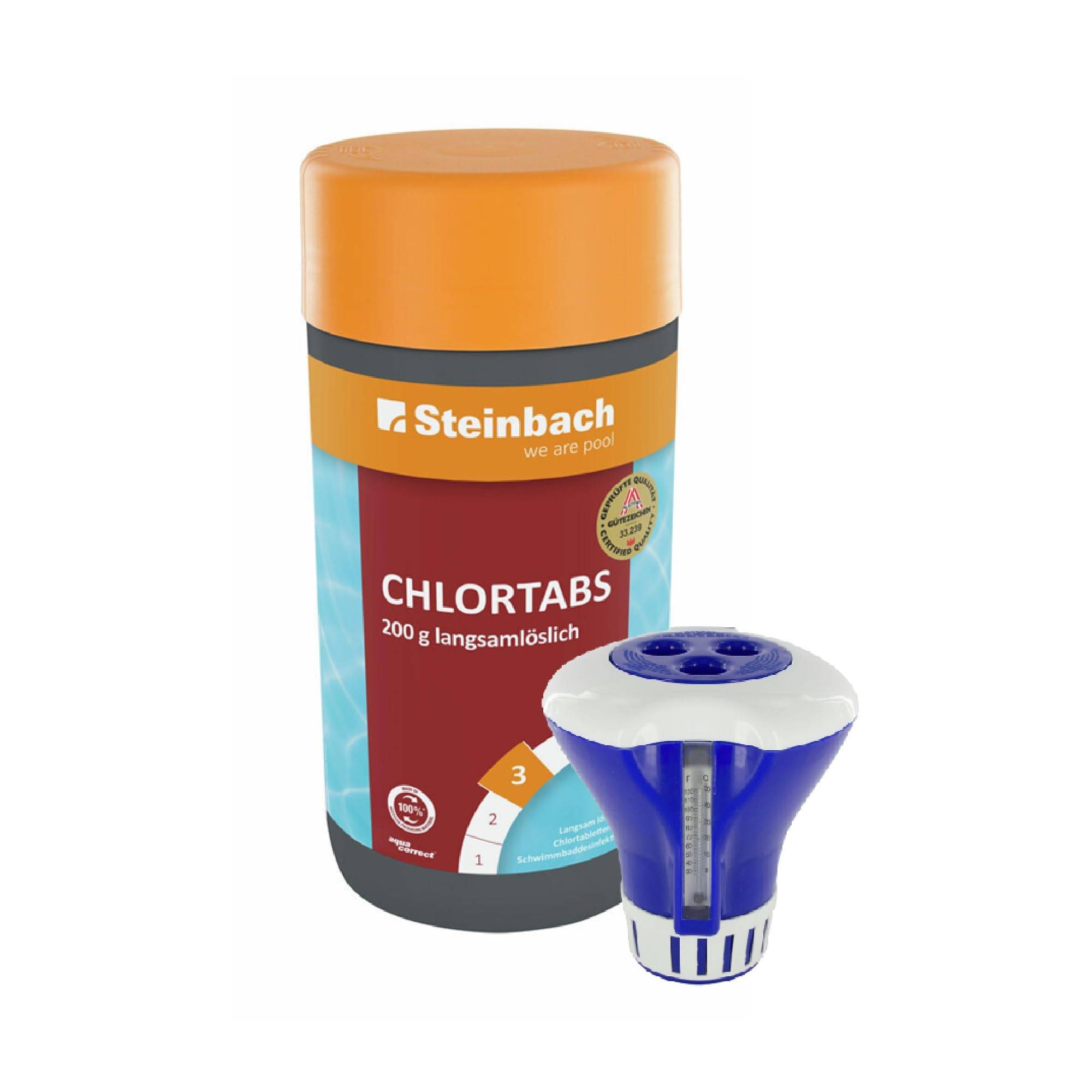 Steinbach Poolpflege-Set | Chlordosierschwimmer mit integriertem Thermometer & Chlortabs 200 g, 1 kg | für Dauerdosierung | Verstellbarer