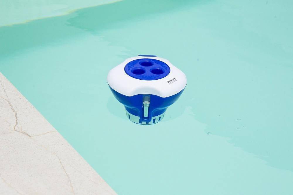 Steinbach Poolpflege-Set | Chlordosierschwimmer mit integriertem Thermometer & Chlortabs 200 g, 1 kg | für Dauerdosierung | Verstellbarer