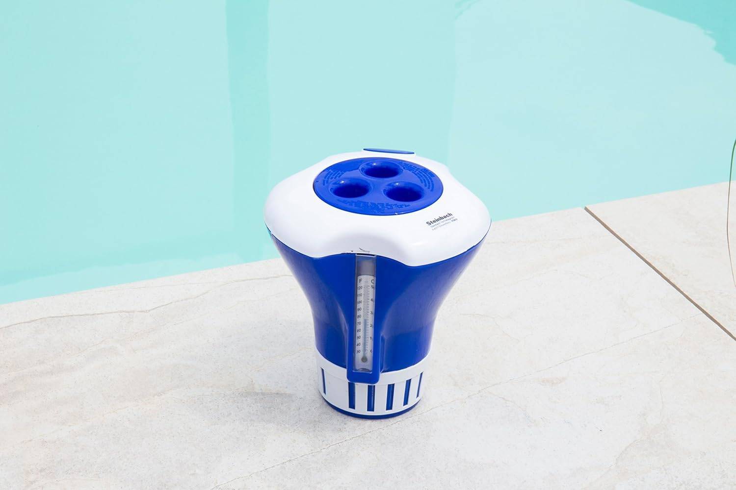 Steinbach Poolpflege-Set | Chlordosierschwimmer mit integriertem Thermometer & Chlortabs 200 g, 1 kg | für Dauerdosierung | Verstellbarer
