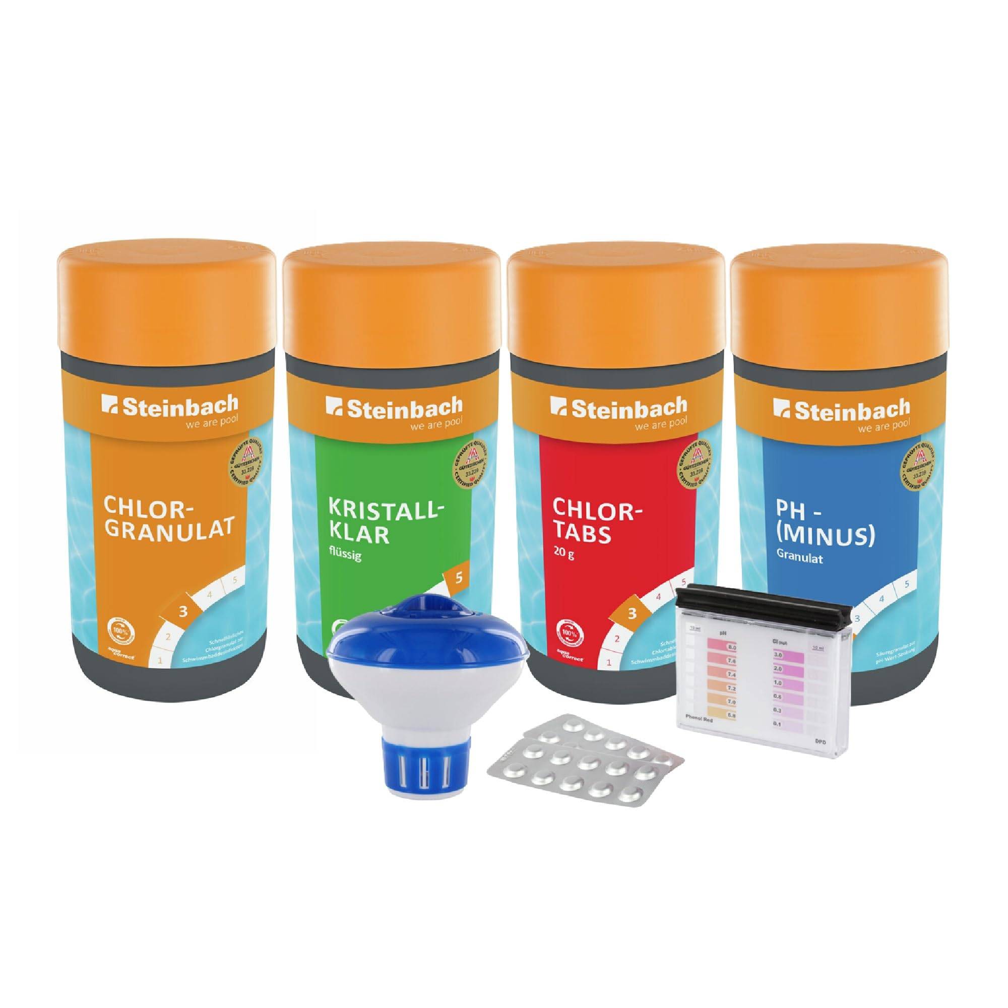 STEINBACH | Wasserpflege Set Classic I Pool Chlor Starterset für Einsteiger I Mini-Multitabs, Kristallklar, Dosierschwimmer, Testkit, pH-Senker