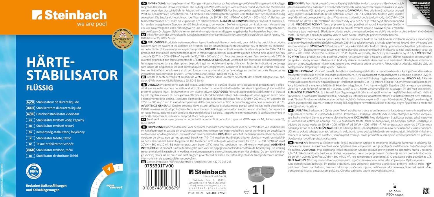 Steinbach Härtestabilisator flüssig 1 l | gegen Kalkausfällungen & Ablagerungen | verhindert Wassertrübungen | bindet Metallionen im Poolwasser
