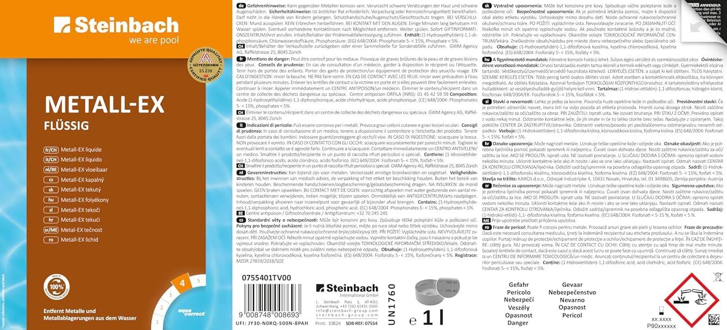 STEINBACH Metall-EX flüssig 8 l | entfernt Eisen, Kupfer & Metallablagerungen im Pool | gegen Trübungen & Ablagerungen an Einbauteilen | einfache An