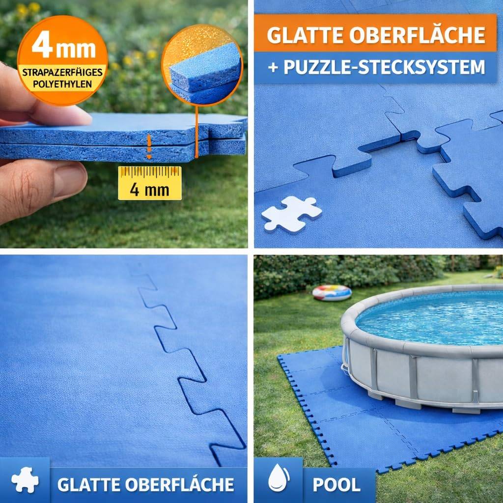 NEUSTANLO Pool Fliesen Set 8 Stück | 50x50 cm Pool Bodenschutzmatten | 4 mm Puzzle Stecksystem | rutschfest & wasserabweisend | Pool Unterlage für