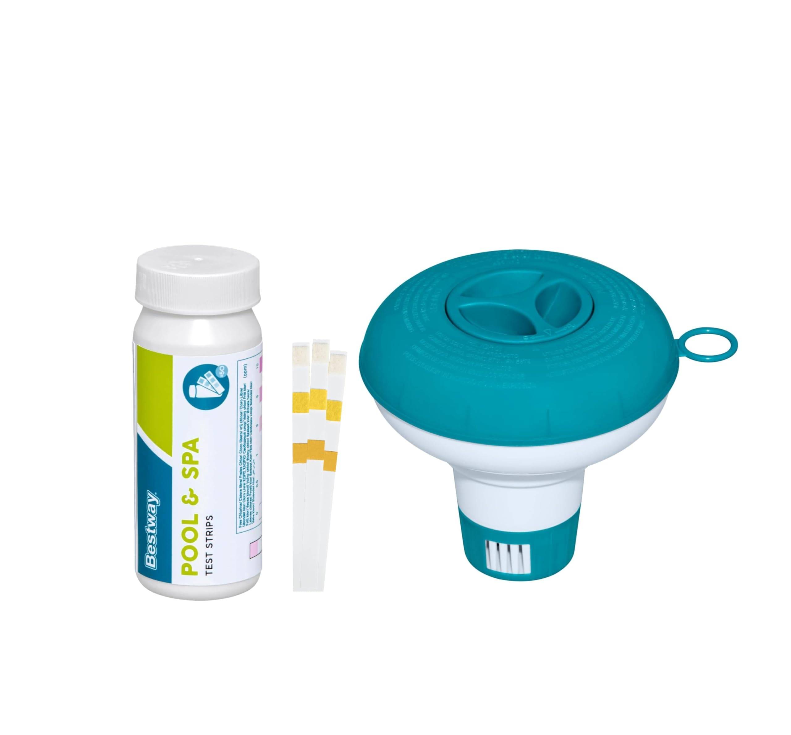 Bestway | Poolpflege Starter Set | Dosierschwimmer Mini 12,5 cm Ø inkl. 50er Teststreifen | Dosierung & Messung von freiem Chlor, pH-Wert
