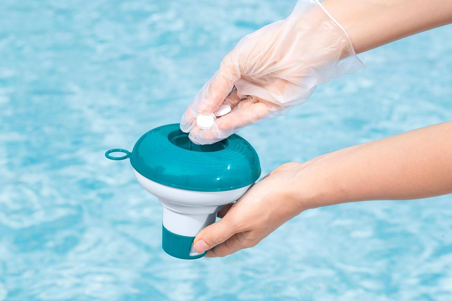 Bestway | Poolpflege Starter Set | Dosierschwimmer Mini 12,5 cm Ø inkl. 50er Teststreifen | Dosierung & Messung von freiem Chlor, pH-Wert