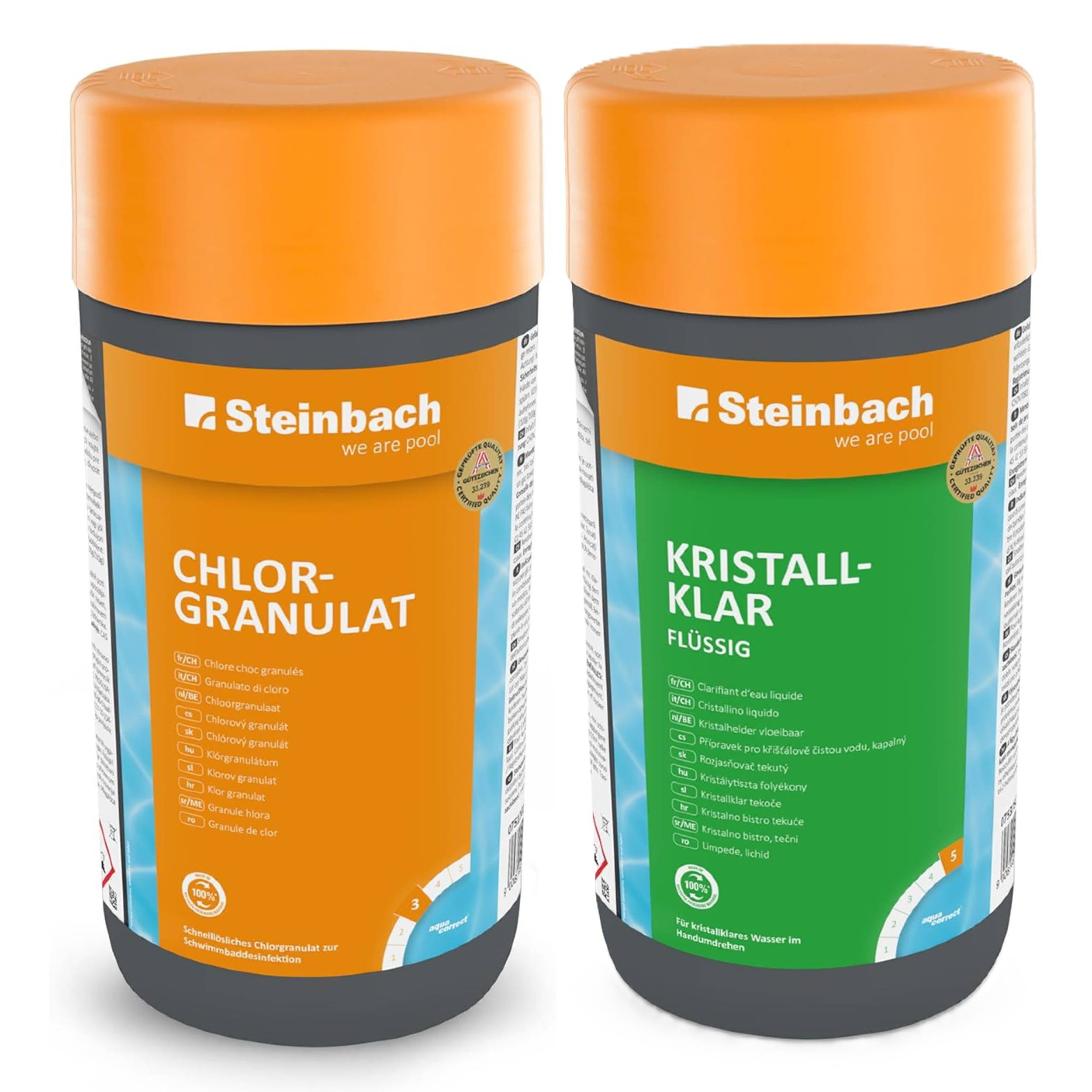 Steinbach | Poolpflege Starter-Set | Chlorgranulat 1 kg + Kristallklar flüssig 1 l | Perfektes Set zur Reinigung und Wartung | Ideal zur