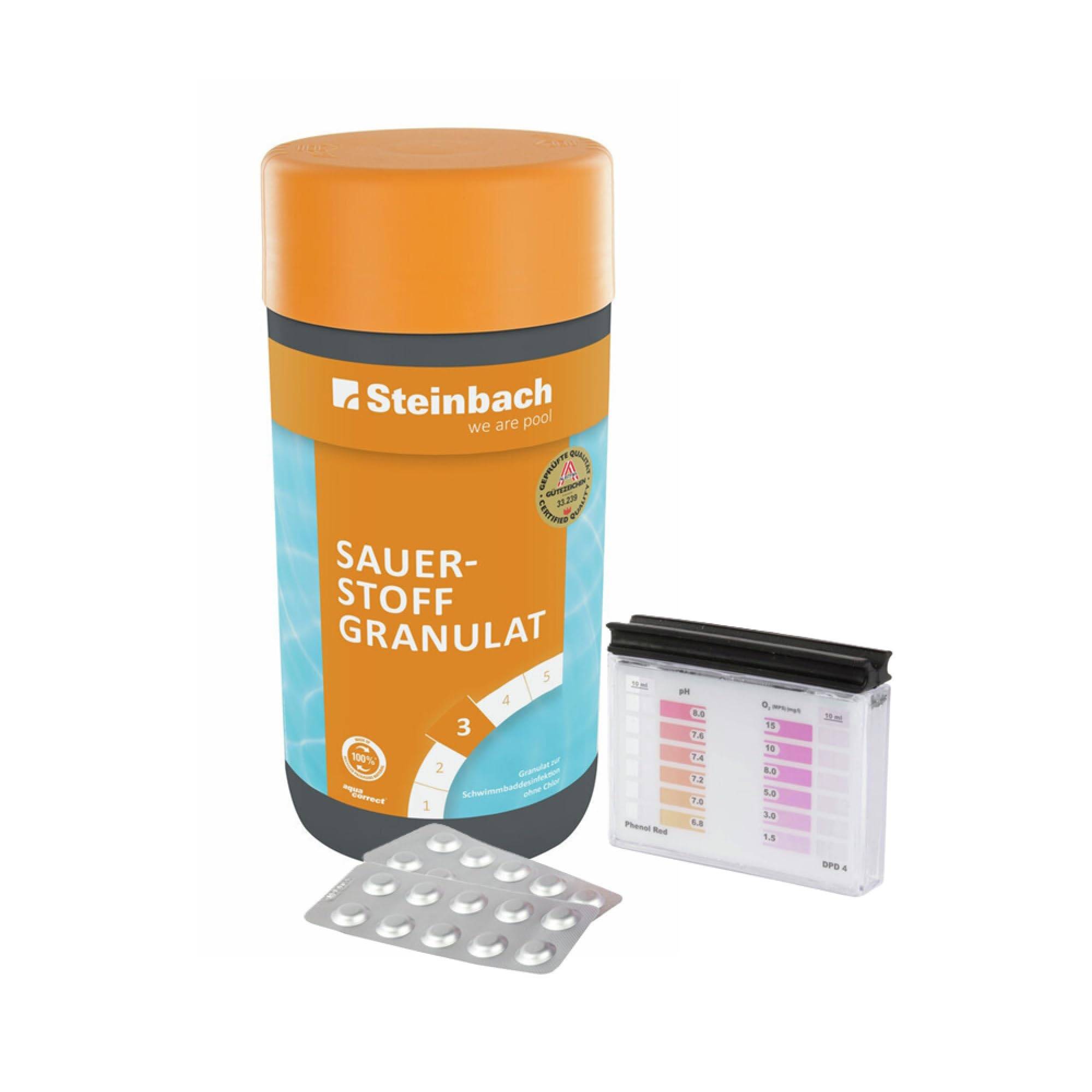 Steinbach | Poolpflege Test-Set | Sauerstoffgranulat 1 KG & Testkit für pH/O | ideal zur Wasserkontrolle, Erstdosierung & Schockbehandlung