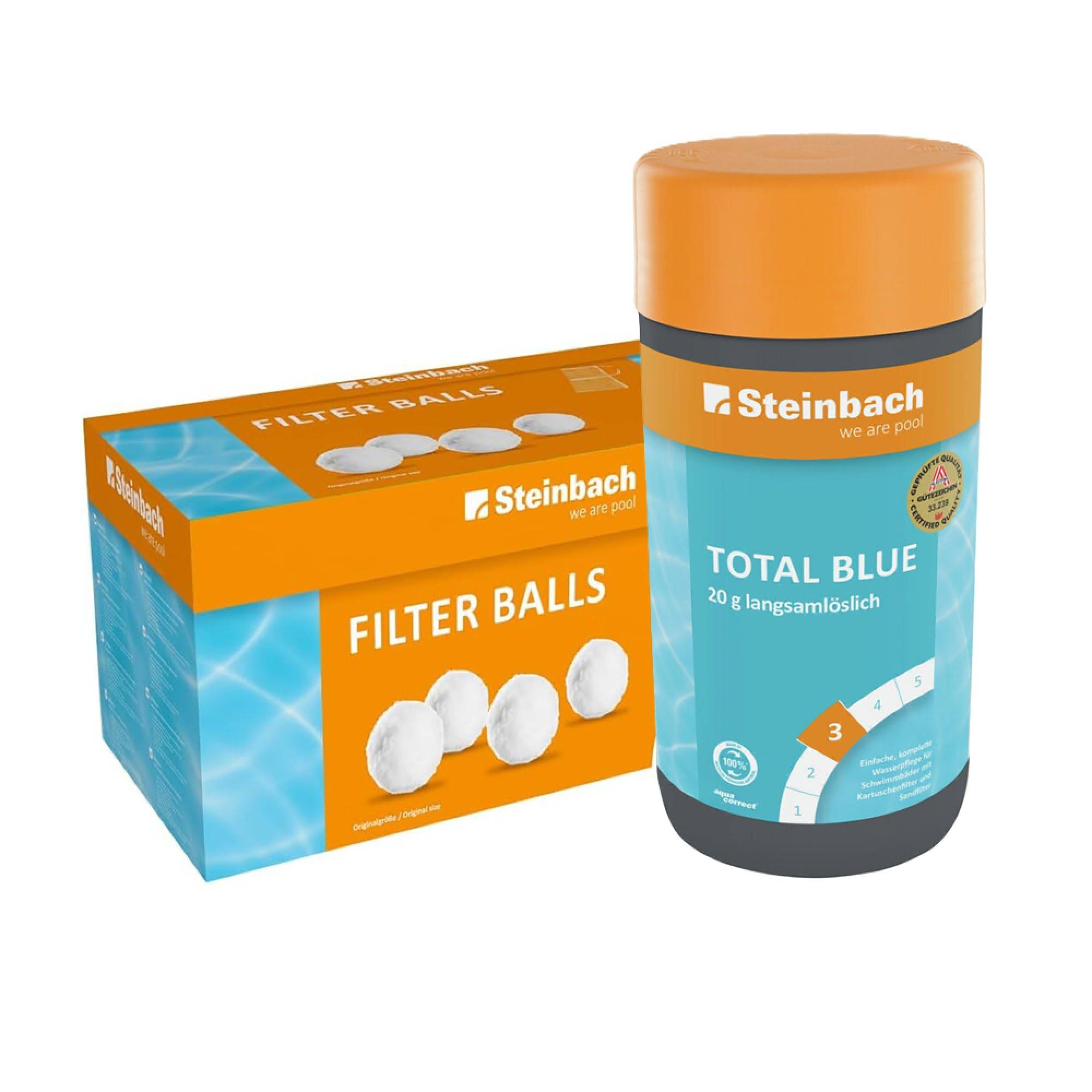 Steinbach Poolpflege-Set | Total Blue (20g Tabs) 1kg & Filter Balls 700g | langsamlösliche Multifunktionstabletten | ersetzt 25kg Filtersand