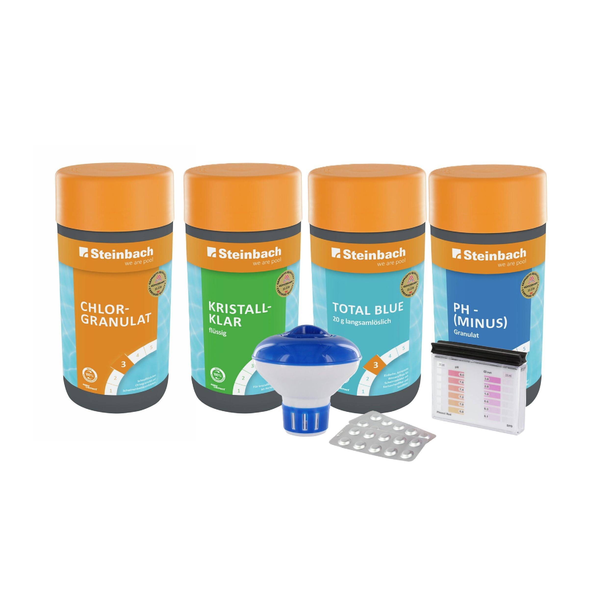STEINBACH | Wasserpflege Starter Set I Pool Chlor Starterset für Einsteiger I Mini-Multitabs, Kristallklar, Dosierschwimmer, Testkit, pH-Senker