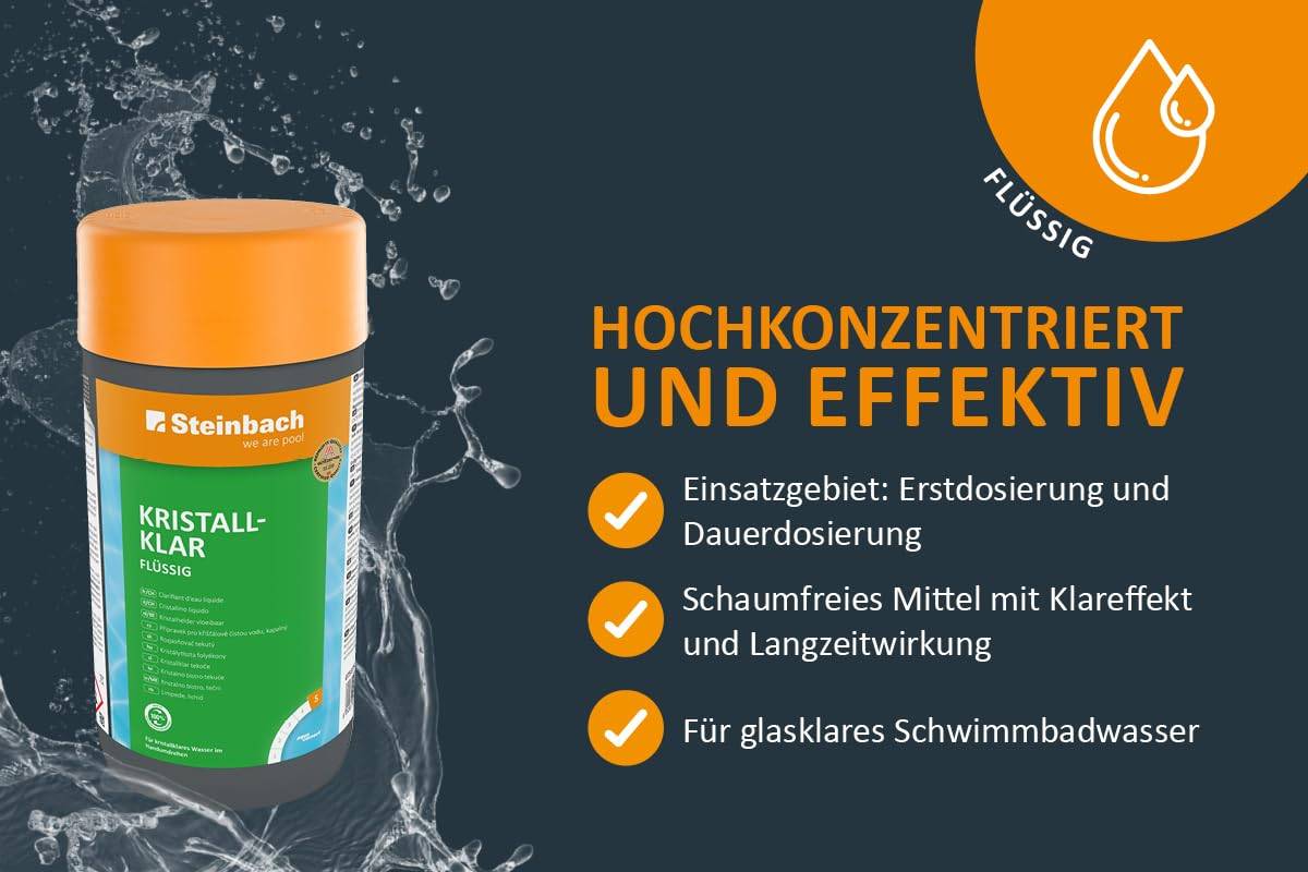 Steinbach Poolpflege Kristallklar Algezid - 07537S01TV08-8X 1l - Gegen Algen & Trübstoffe - Schaumfrei - Erstdosierung und Dauerdosierung - Für daue