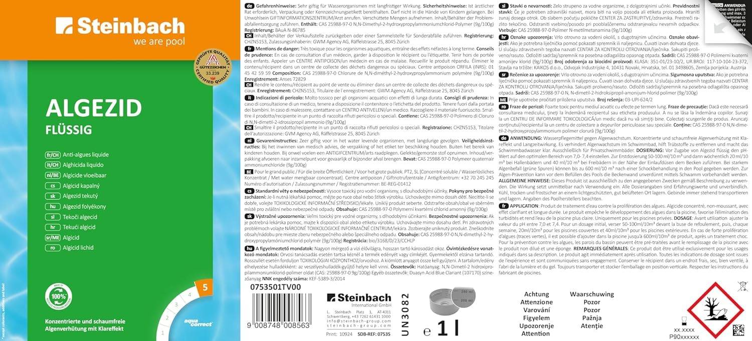 Steinbach Algizid Algenverhütung 1 l | Algenvernichter für Pool & Schwimmbad | präventiver Schutz vor Algen Bakterien & Pilzen | für sauberes klar