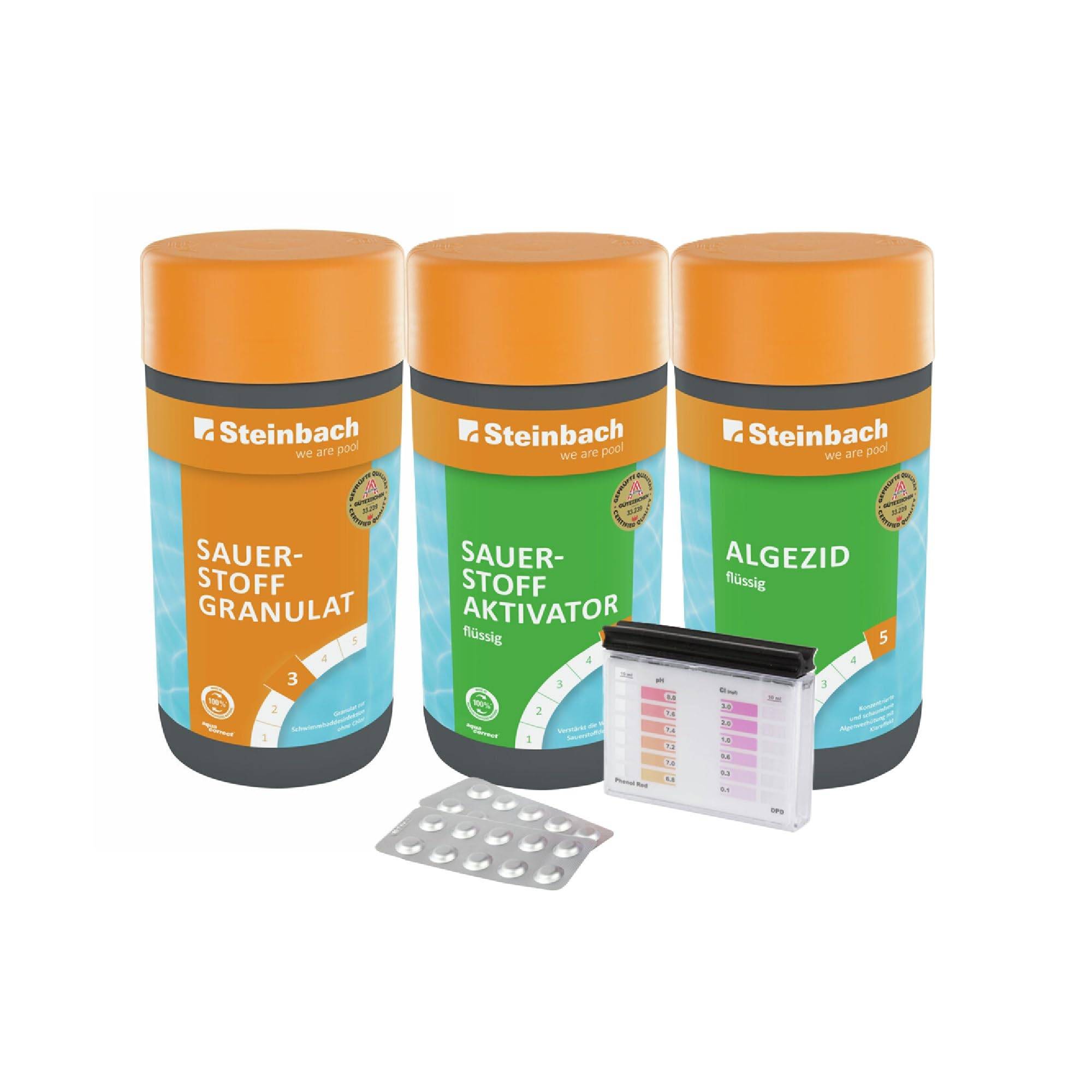 Steinbach | Wasserpflege Sauerstoff Starter Set I Pool Starterset für Einsteiger I Sauerstoffgranulat, Algezid, Sauerstoffaktivator, Testkit