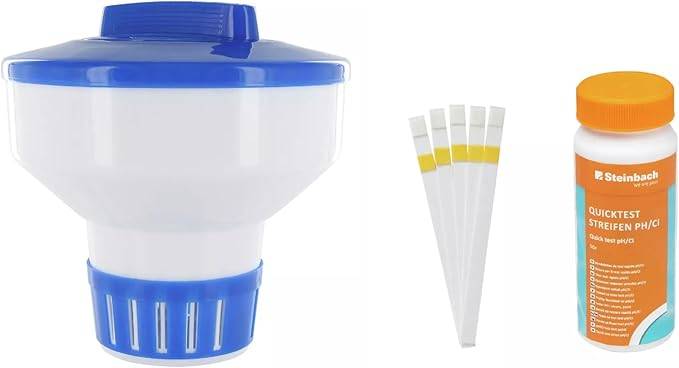 Steinbach | Quicktest Streifen Kit inkl. Dosierschwimmer Maxi | 18 cm Ø | bis zu 200 g Tablettengröße | für sauberes und kristallklares Poolwasser