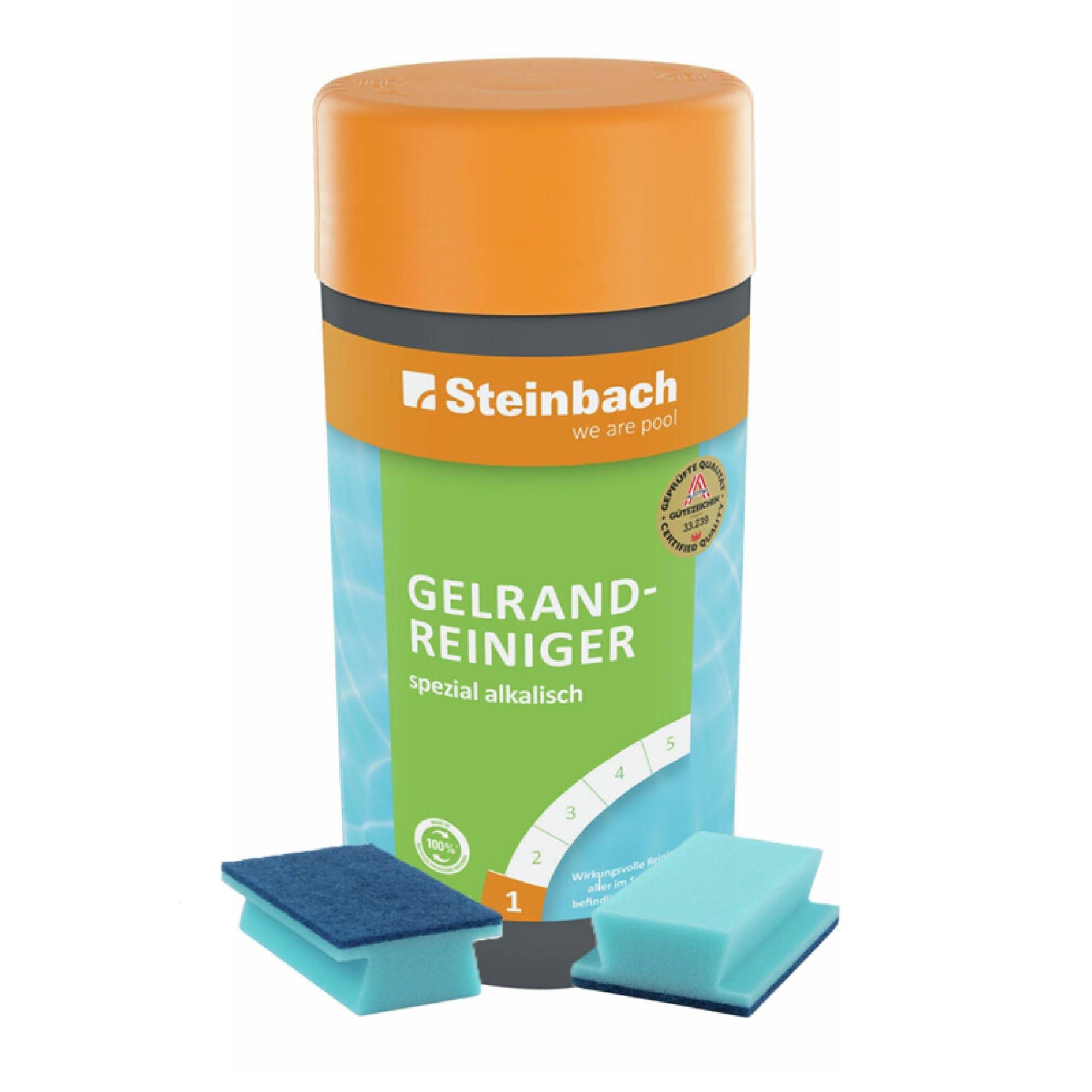 Steinbach | Reinigungsset für Pools | Gelrandreiniger Spezial alkalisch 1l + Handschrubber Doppelpack | gegen Schmutz-, Fett- & Rußränder | für Fo