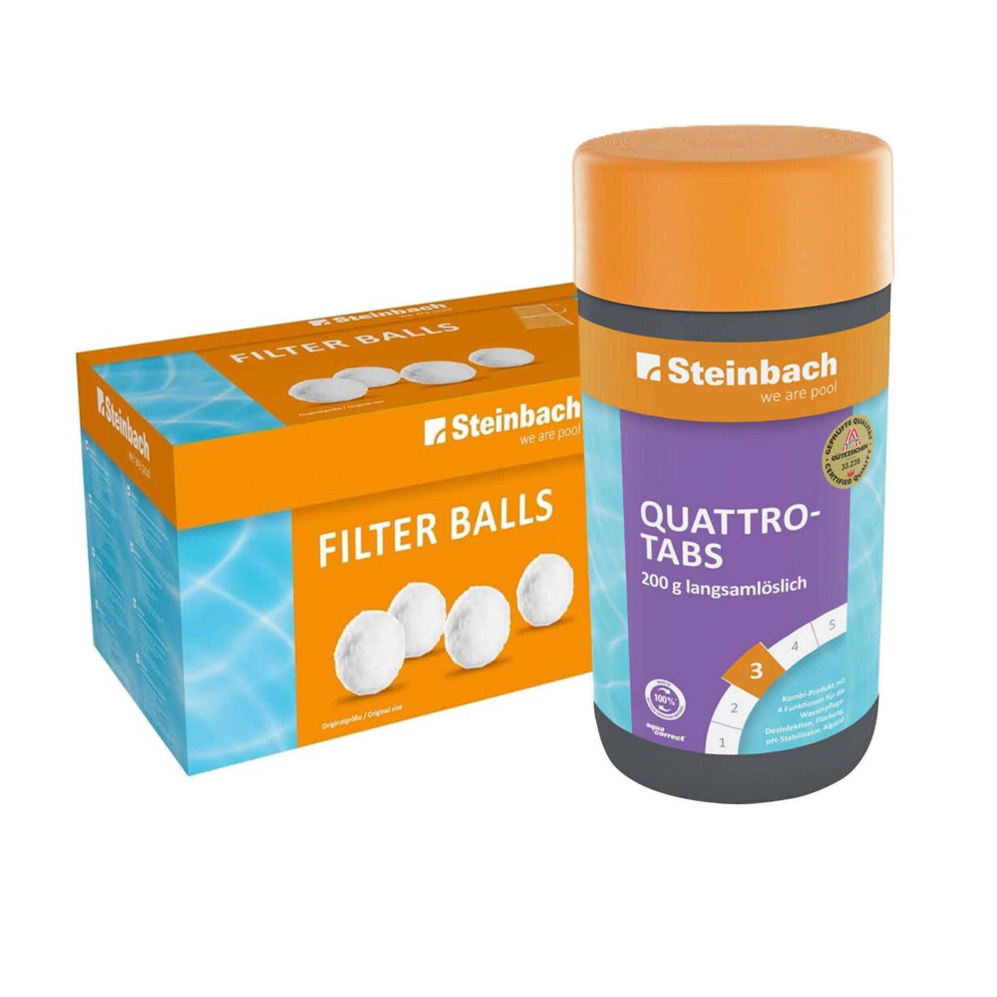 Steinbach Poolpflege-Set | Quattrotabs 1kg (200g Tabs) & Filter Balls 700g | 4-Fach Wasserpflege mit Chlor, Algezid & Flockung