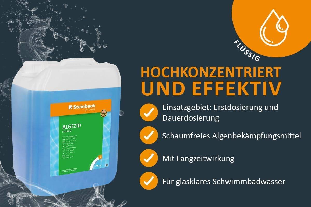 Steinbach Poolpflege Set | 5 kg Chlortabs 200 g langsamlöslich & 5 l Algezid flüssig | Desinfektion & Algenverhütung | pH-neutral rückstandsfrei