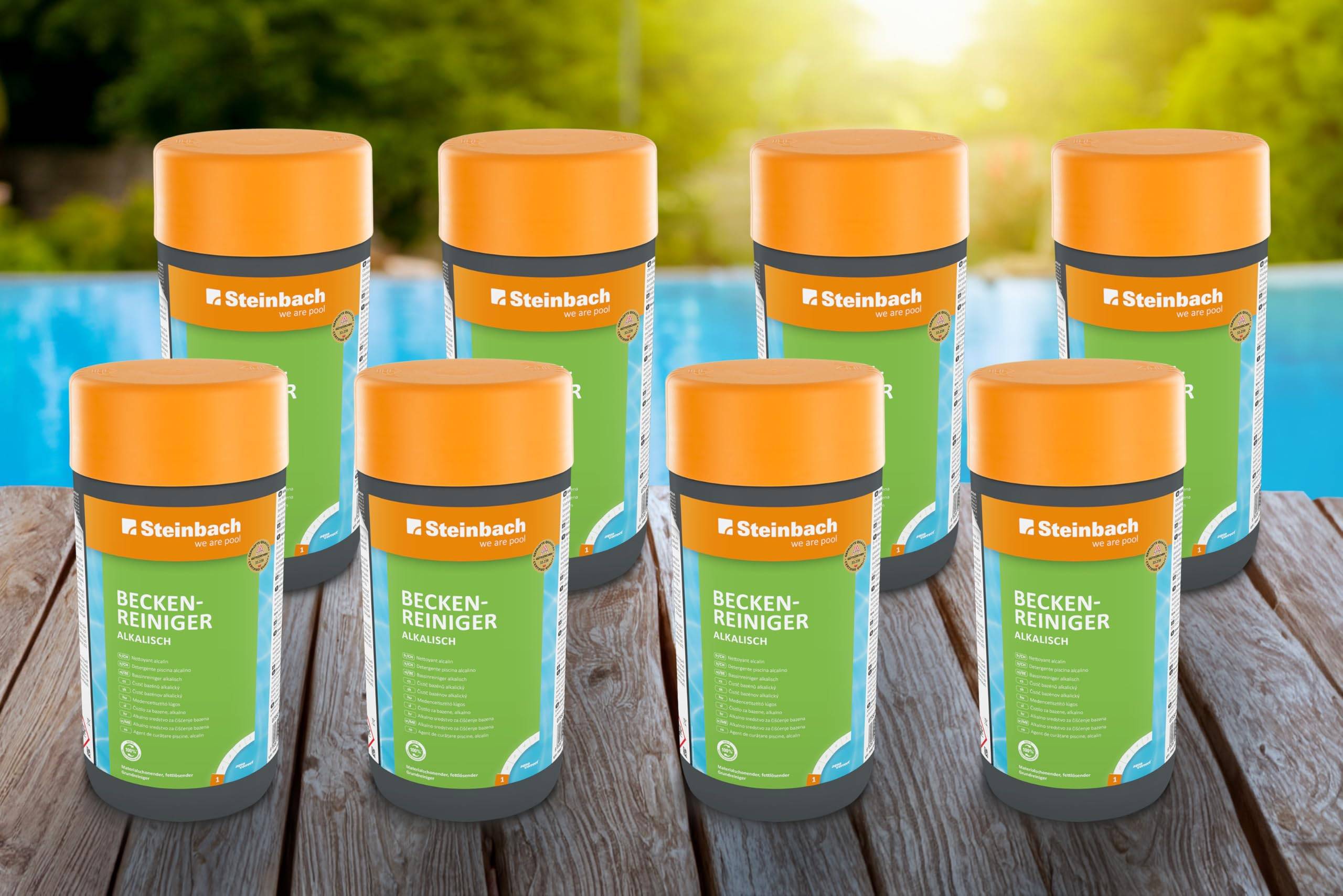 STEINBACH Poolpflege Beckenreiniger alkalisch - 0755001TV08-8X 1l - Grundreiniger gegen Fett, Kalkseife & Schmutz - Für Pool, Beckenrand & Sanitärbe