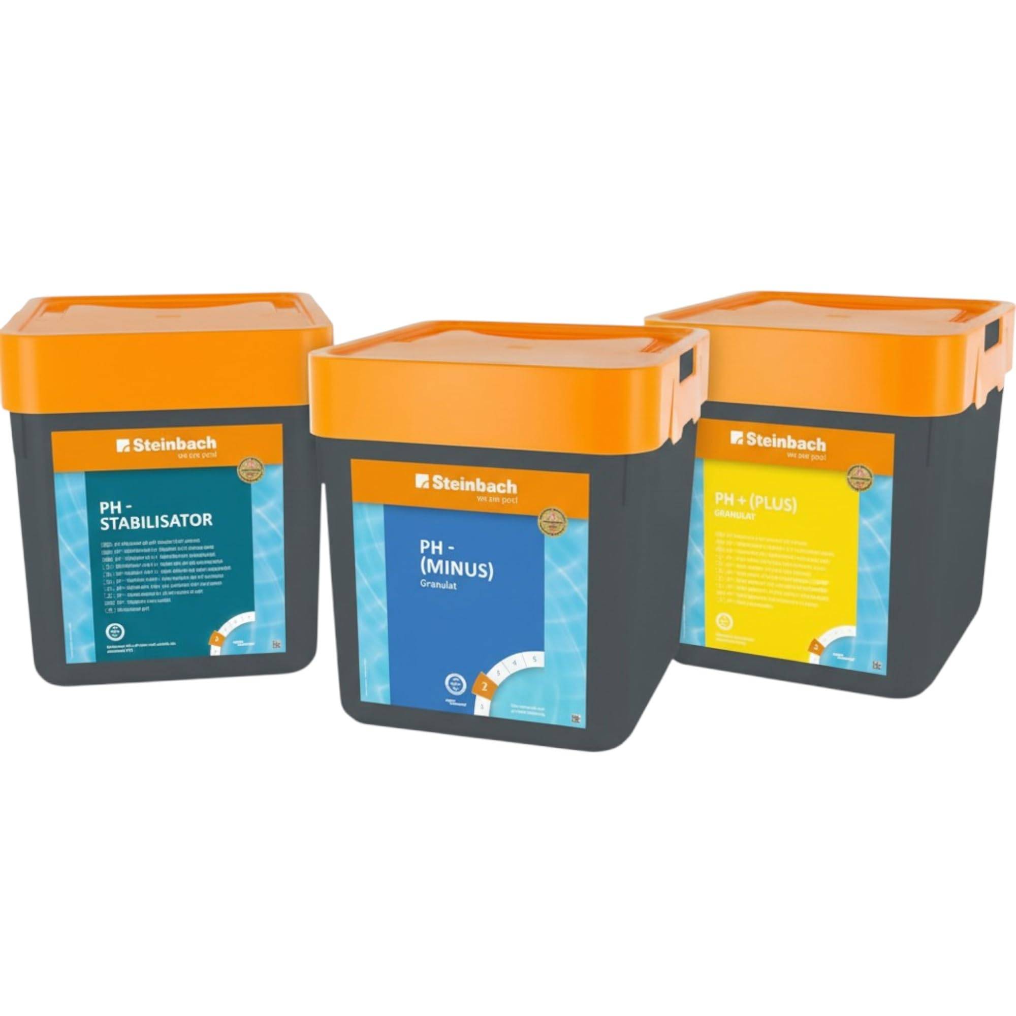 Steinbach Poolpflege Set 3-teilig | pH-Plus 5kg + pH-Minus 7,5kg + pH-Stabilisator 5kg | Regulierung & Stabilisierung des Poolwassers | für klare