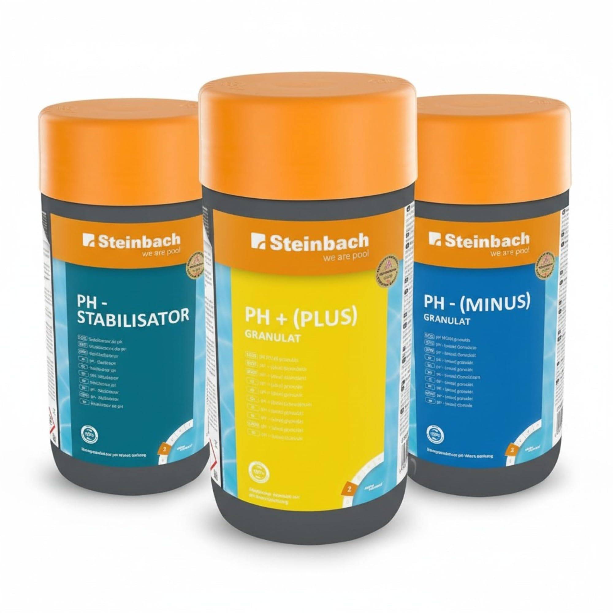 Steinbach Poolpflege Set 3-teilig | pH-Plus 1kg + pH-Minus 1,5kg + pH-Stabilisator 1kg | Regulierung & Stabilisierung des Poolwassers | für klare