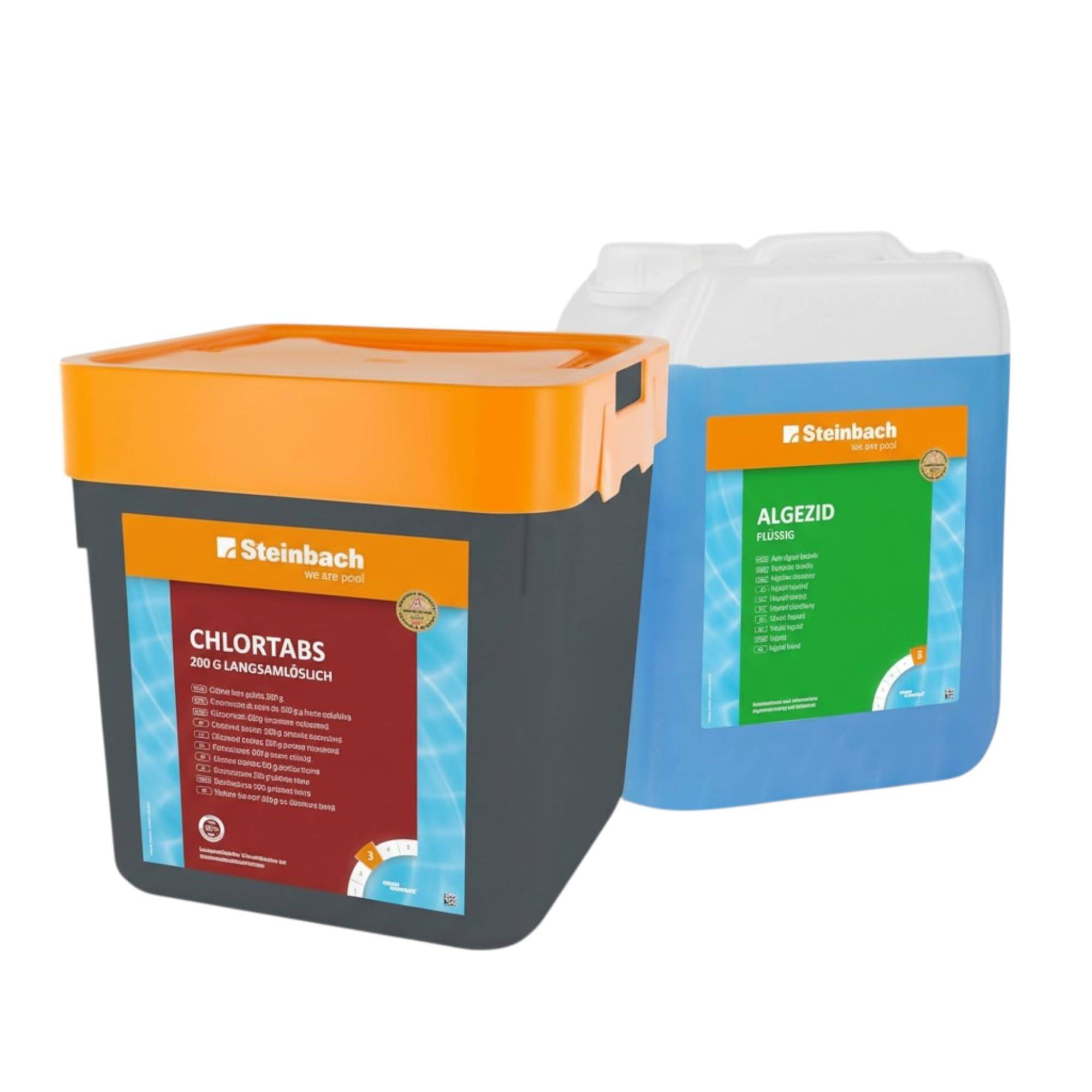 Steinbach Poolpflege Set | 5 kg Chlortabs 200 g langsamlöslich & 5 l Algezid flüssig | Desinfektion & Algenverhütung | pH-neutral rückstandsfrei