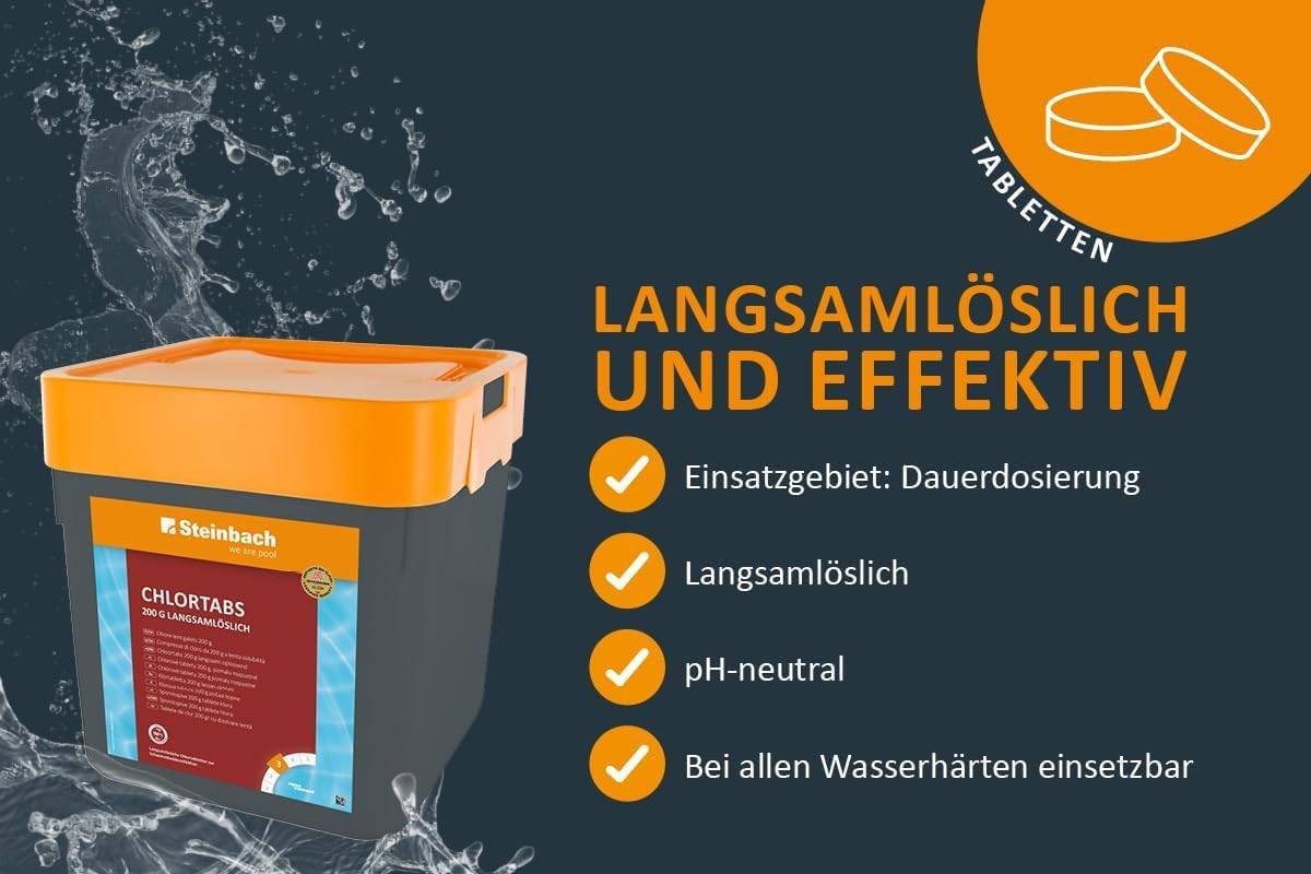Steinbach Poolpflege Set | 5 kg Chlortabs 200 g langsamlöslich & 5 l Algezid flüssig | Desinfektion & Algenverhütung | pH-neutral rückstandsfrei