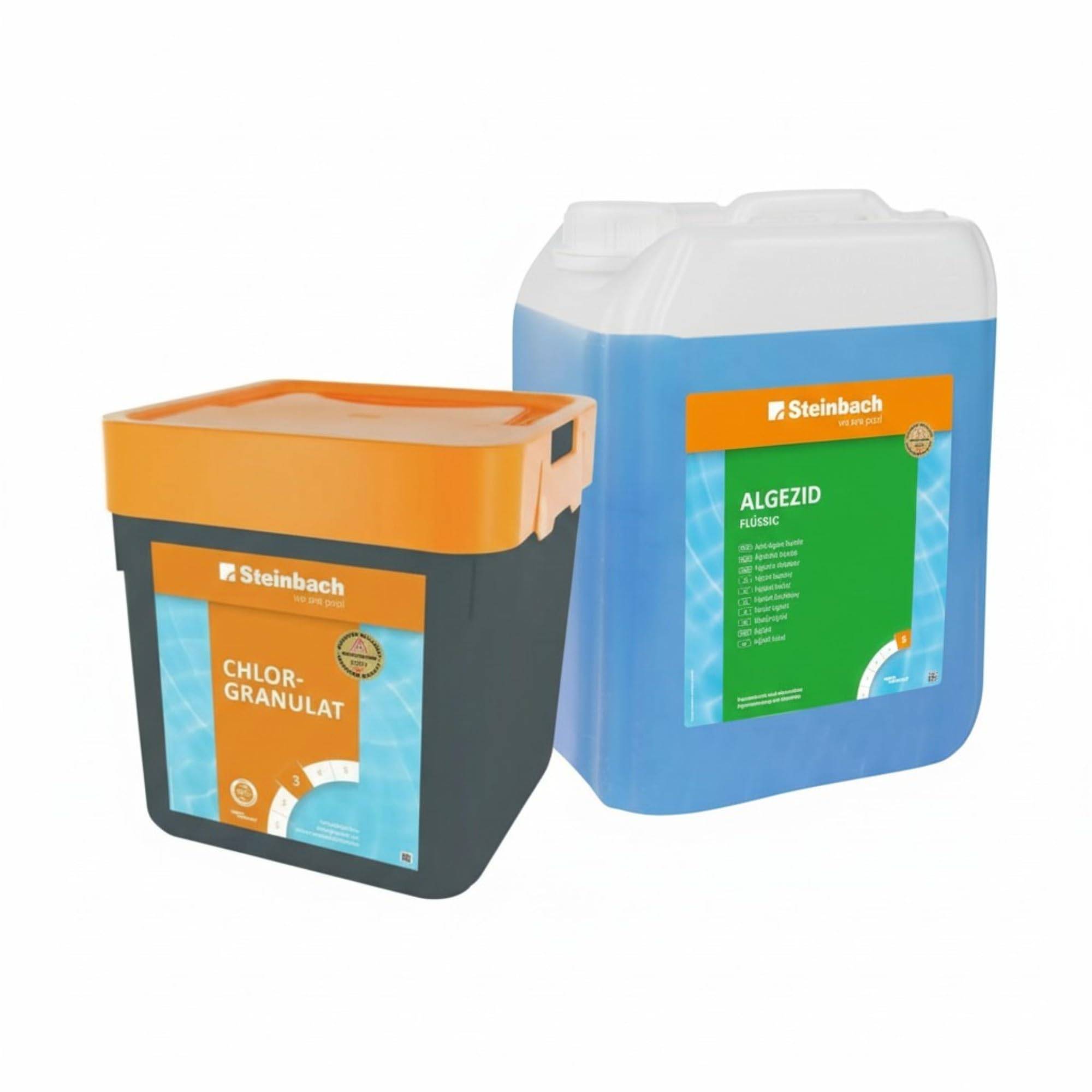 Steinbach Poolpflege Set | 5 kg Chlorgranulat & 5 l Algezid flüssig | Desinfektion & Algenverhütung | pH-neutral rückstandsfrei & schaumfrei | für