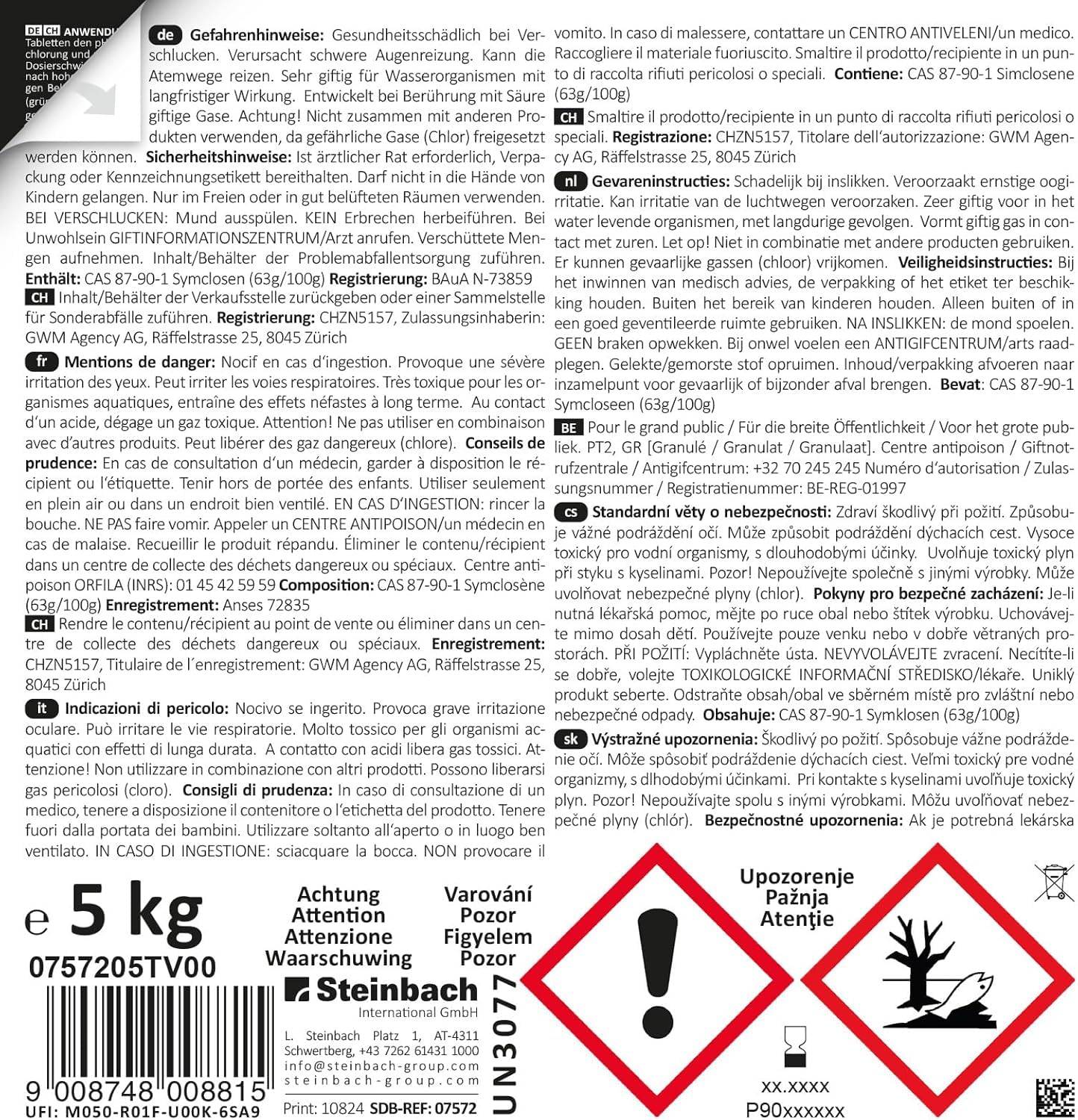 Steinbach Chlortabs 20g, XXL Vorratspackung 15 kg | schnelllösliche Chlortabletten zur Schwimmbaddesinfektion | pH-neutral & rückstandsfrei | für