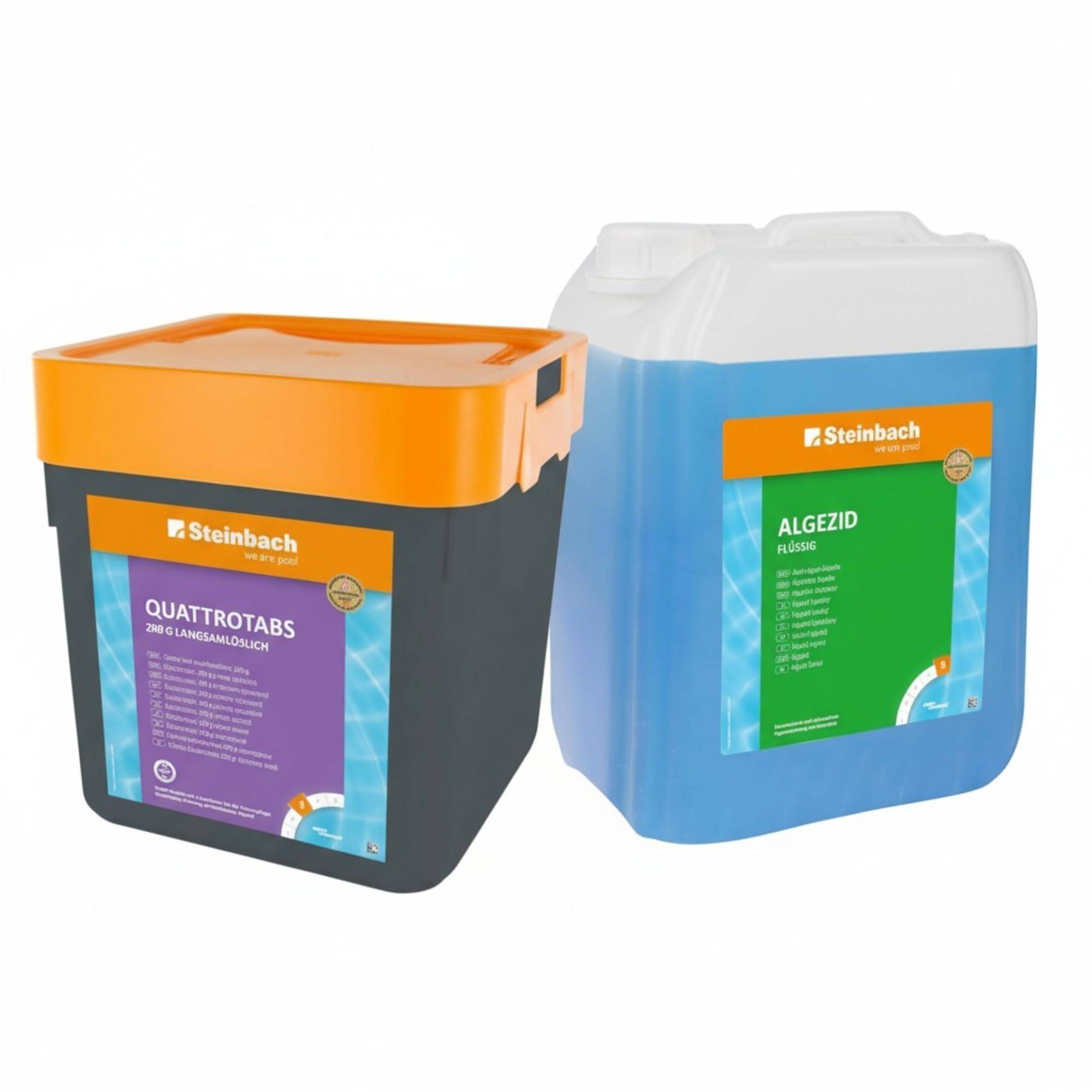 Steinbach Poolpflege Set | 5 kg Quattrotabs 200 g langsamlöslich & 5 l Algezid flüssig | 4-in-1 Multifunktion & Algenverhütung | mit Flockungsmitte