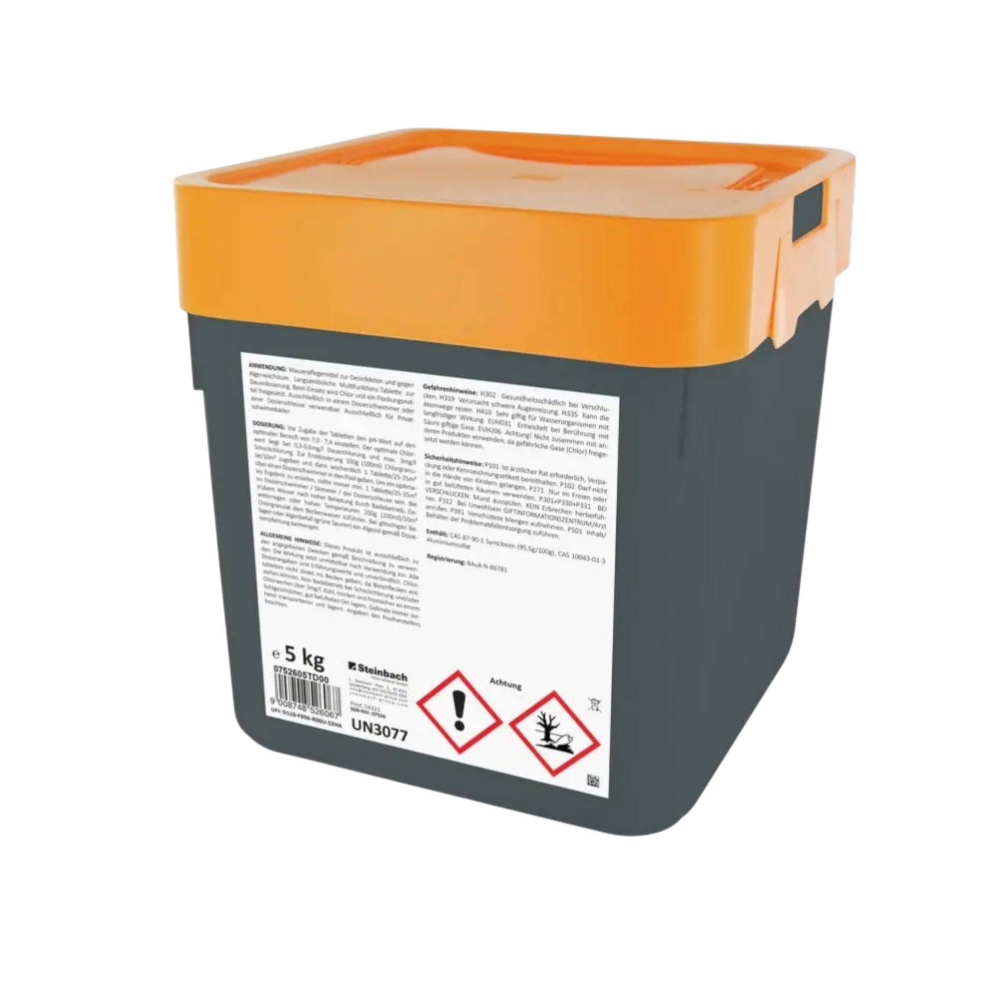 Steinbach Poolpflege Set | 5 kg Quattrotabs 200 g langsamlöslich & 5 l Algezid flüssig | 4-in-1 Multifunktion & Algenverhütung | mit Flockungsmitte