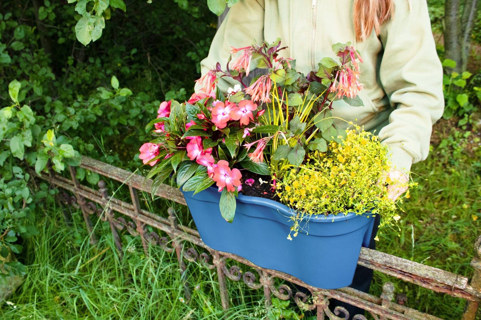 KHW | Flowerclip XL 2er-Set | Meerblau | Pflanzgefäße für Balkon- & Geländerbegrünung | wetterfest & UV-beständig | Zwei Pflanzkammern | für Ge