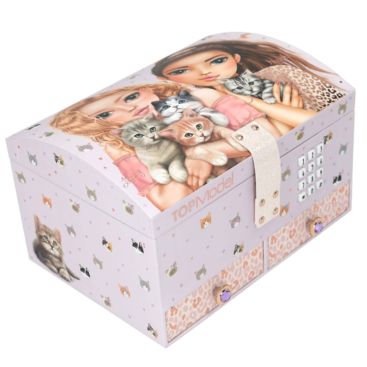 Depesche 13578 TOPModel Cat Love - Schmuckkästchen in Lila, mit Model Motiv und Katzen Muster, Schmuckbox mit Code, Sound und Spiegel