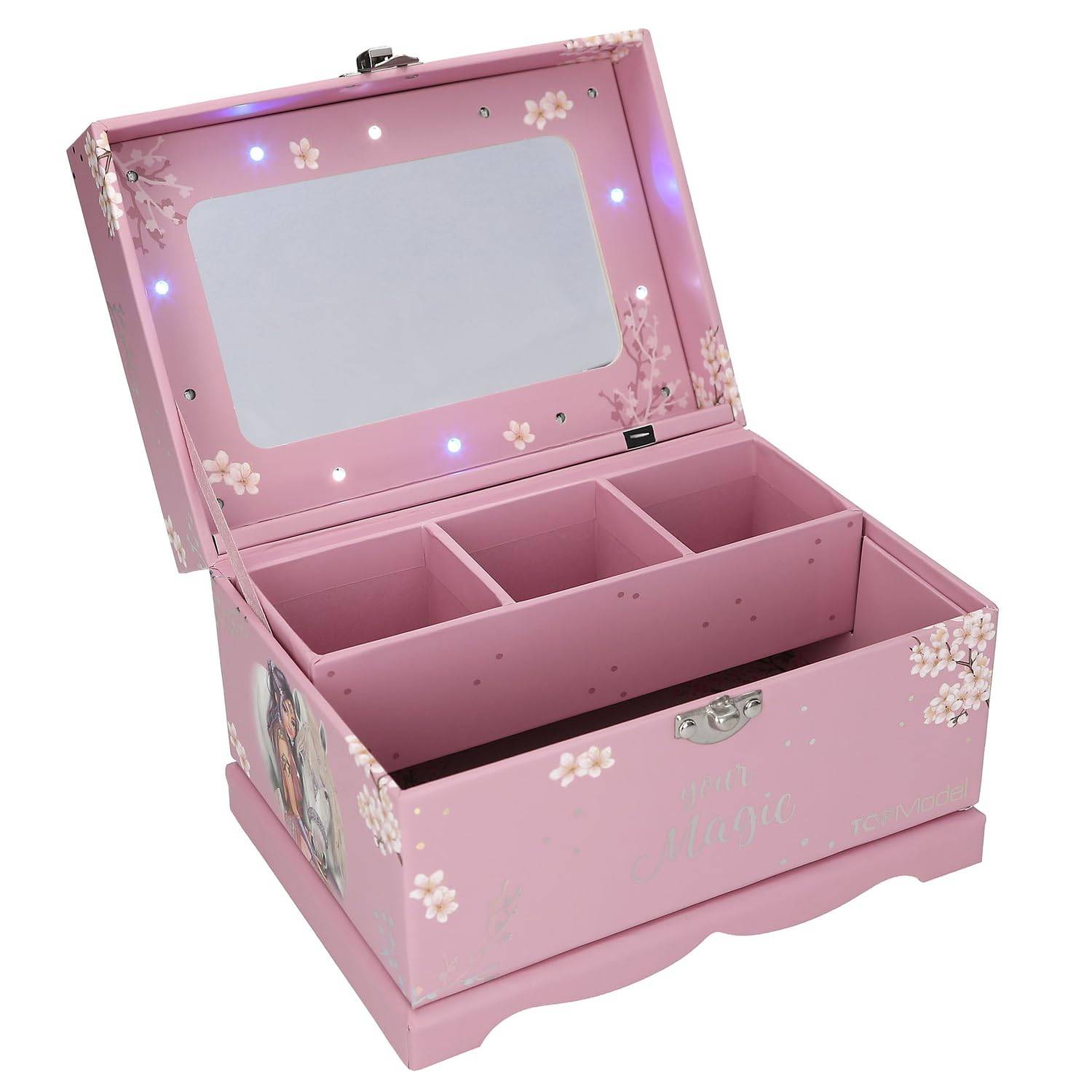 Depesche 13608 TOPModel Viva Violet - Schmuckkästchen in Rosa, mit Model Motiv, Pferd und Licht, Schmuckbox mit Spiegel