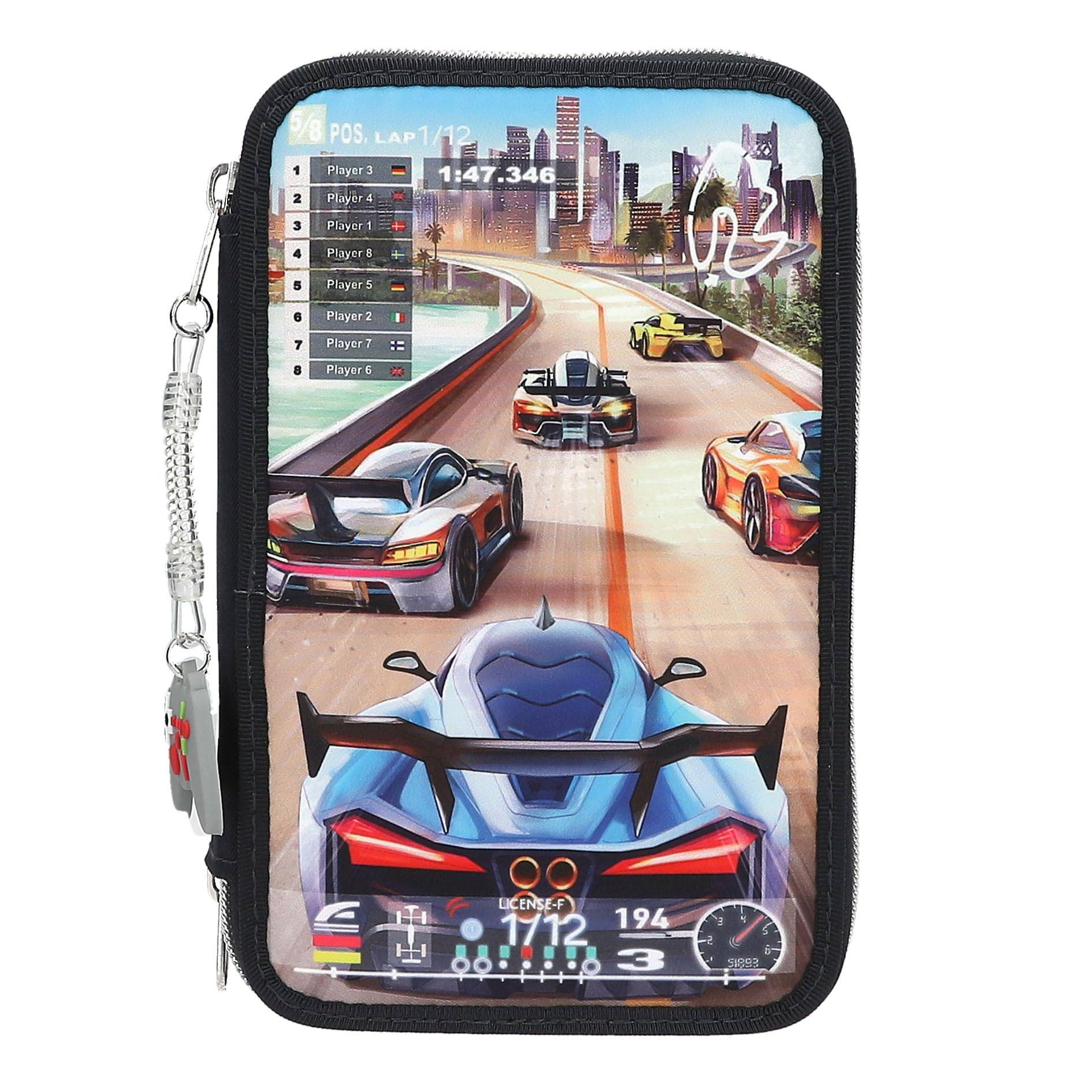 Depesche 13712 Action World Gaming - Gefüllte 3-Fach Federtasche in Dunkelblau, mit Motiv eines Auto-Rennspiels und Skyline, Federmappe mit