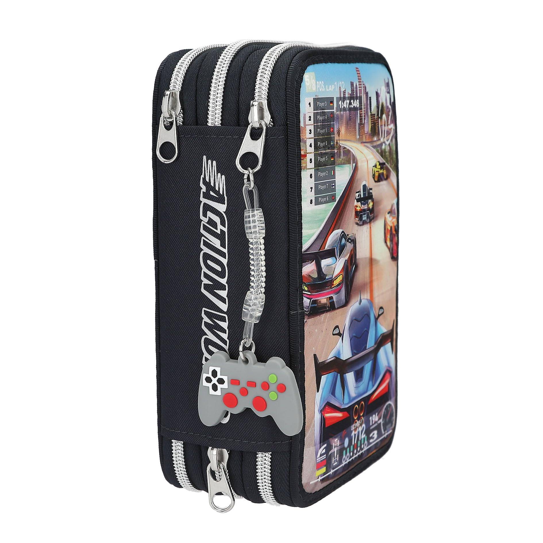 Depesche 13712 Action World Gaming - Gefüllte 3-Fach Federtasche in Dunkelblau, mit Motiv eines Auto-Rennspiels und Skyline, Federmappe mit