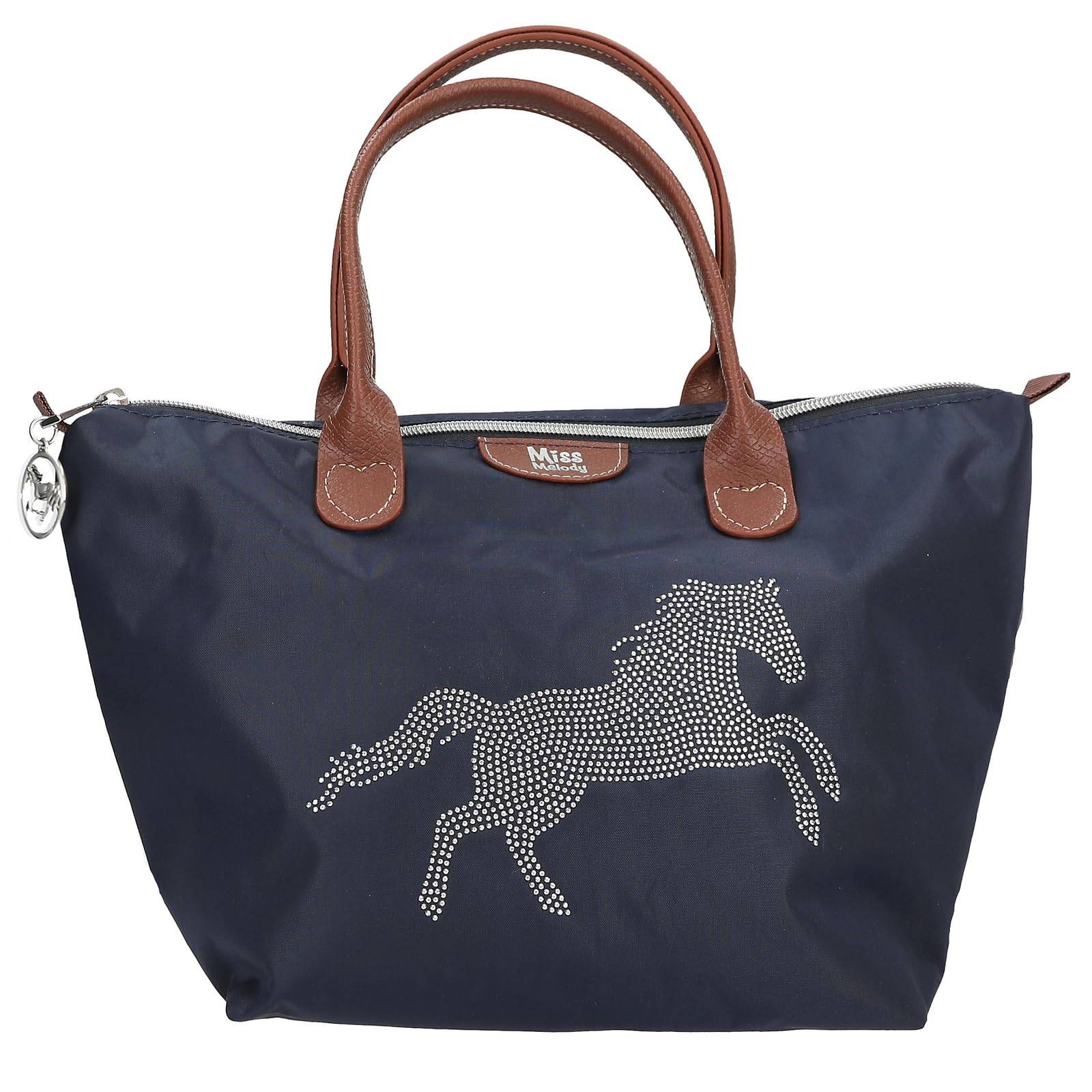 Depesche 13690 Miss Melody Luxury Horse - Umhängetasche in Dunkelblau und Braun, mit Pferde Motiv und kleinen Nieten, Handtasche mit längenverstellb